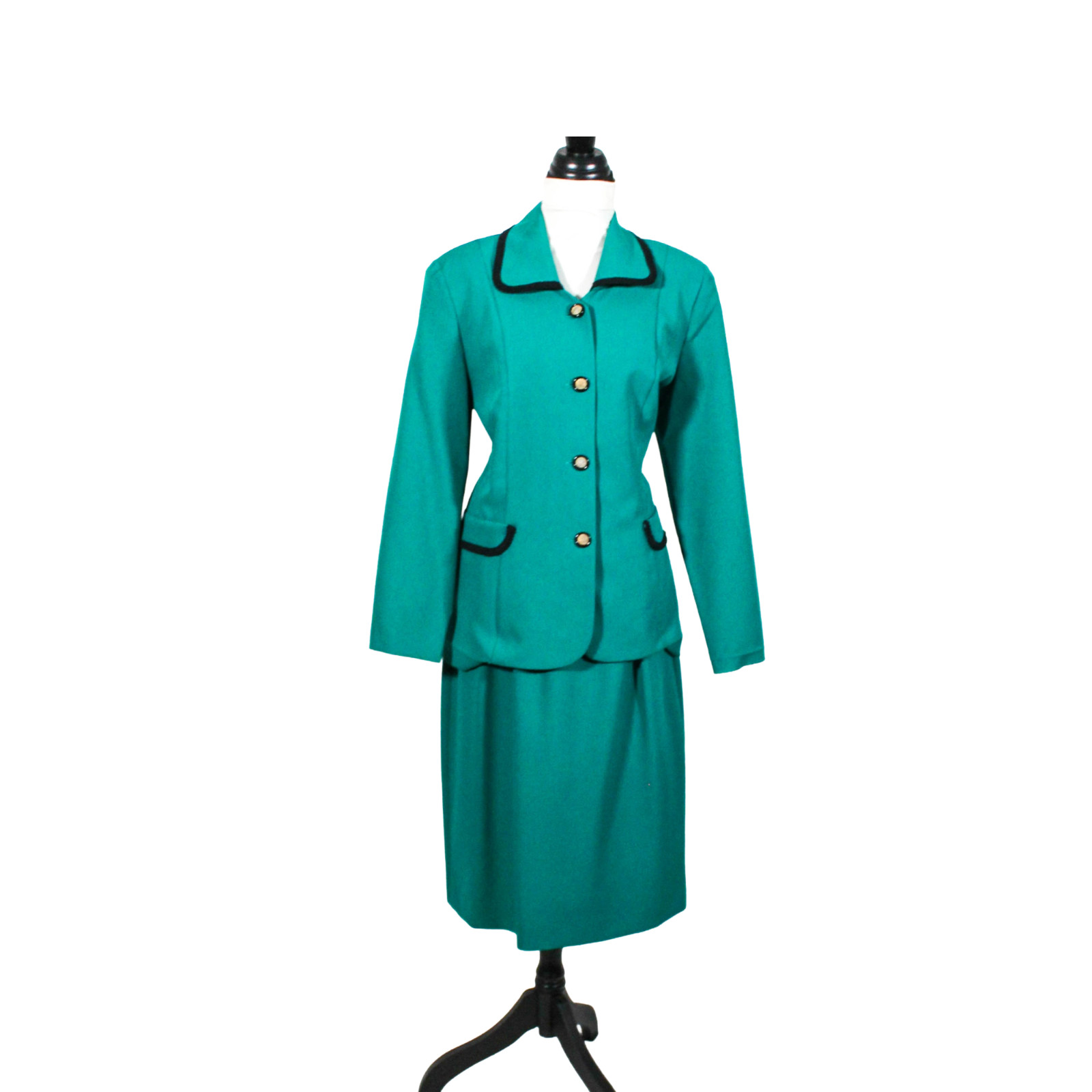 Vintage 1990s Teal and Black Trim Skirt Suit Set Size 14