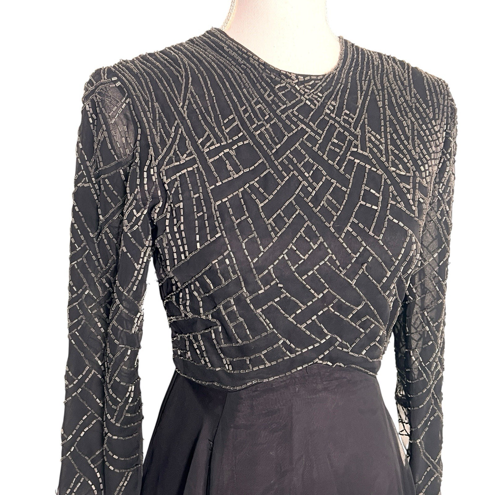 VTG 80s Jack Bryan Black Beaded Chiffon Evening Gown Art Deco Maxi Dress Small
