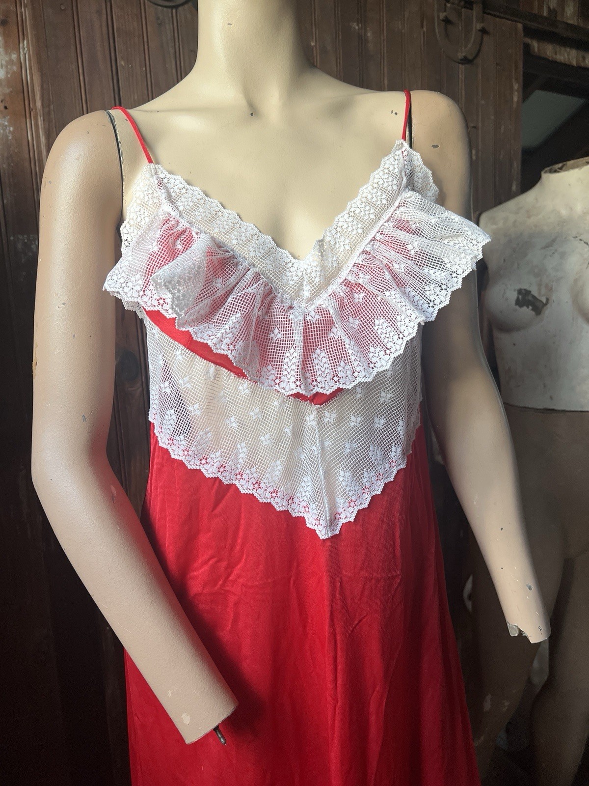 Vintage 70s Red Lace Slip Gown Frills Spaghetti Strap Prairie Nylon