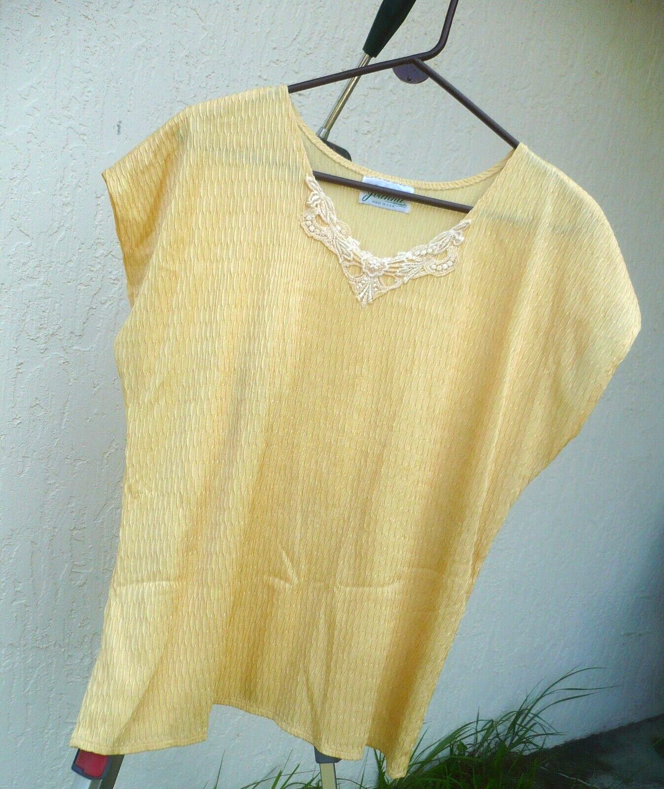 VTG USA JOANNA XL SOLID COLOR YELLOW GOLD SLEEVELESS CROCHET LACE TEXTURE BLOUSE