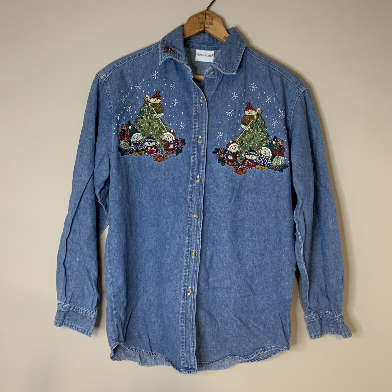 VTG Christmas Teddy Bear Embroidered Denim Shirt Holiday Top Womens M/L Approx