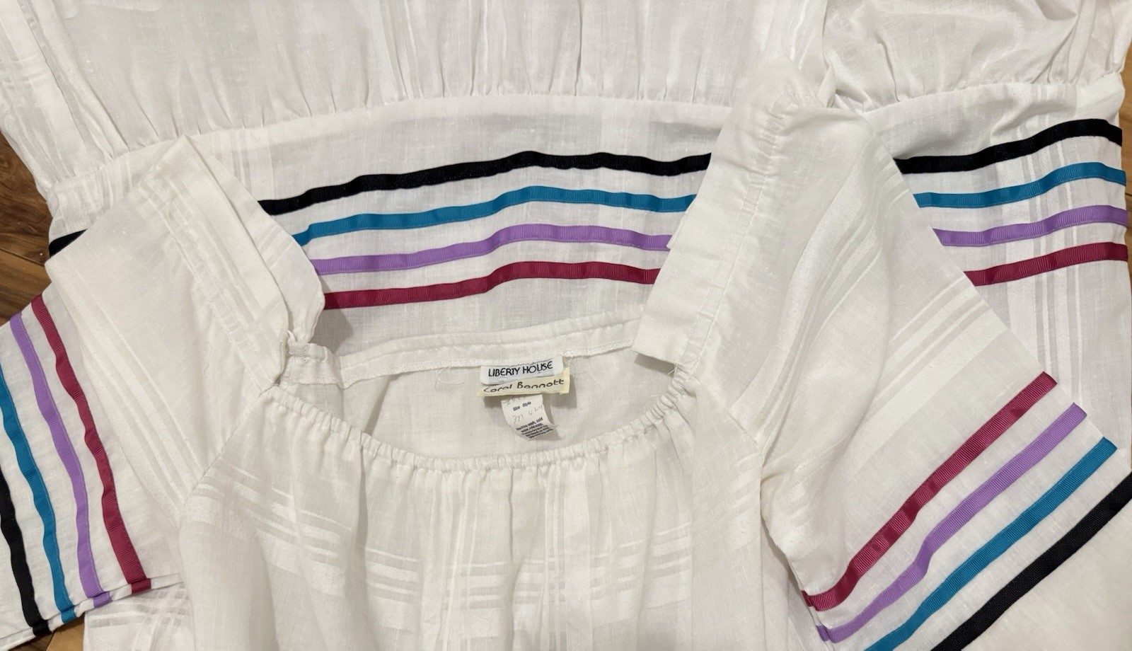 Vtg Liberty House Carol Bennett Kaftan Maxi Dress White Colorful Ribbon M READ