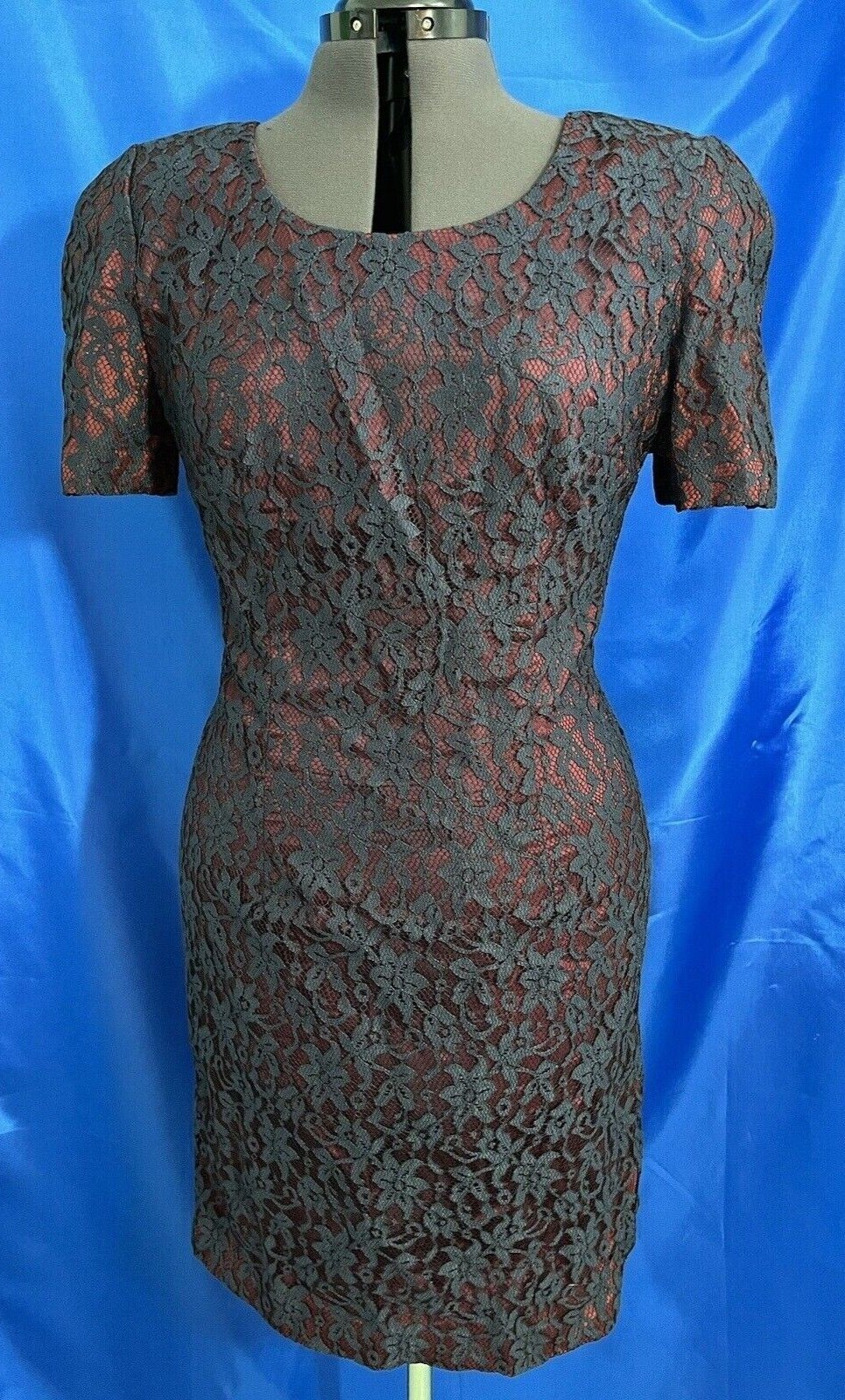 VINTAGE 70-80’s D.J.S. LTD DRESS NAVY FLORAL LACE BURGANDY LINED SHEATH SZ10