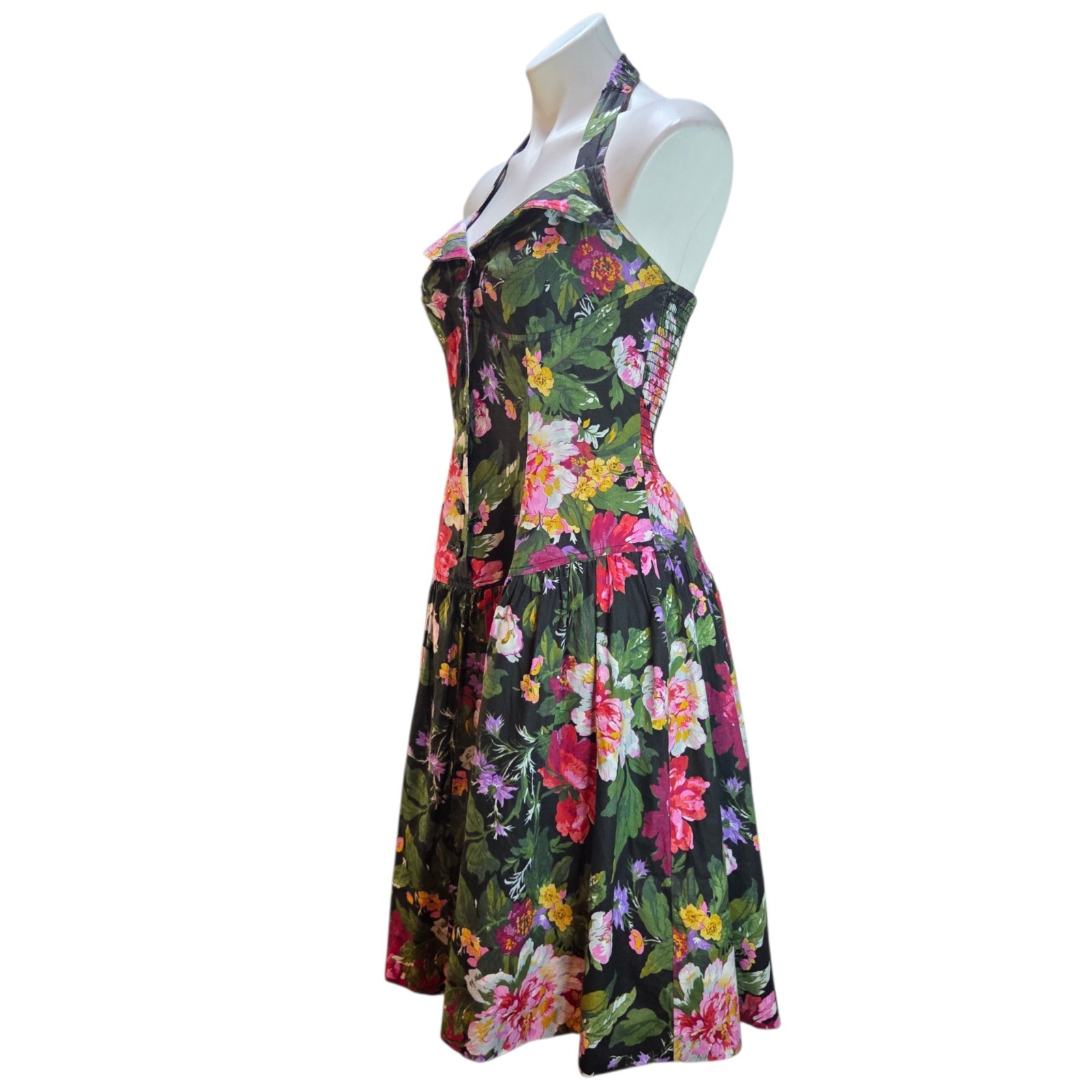 1980s Dark Floral Halter Dress Small / Medium Crinoline Lining Vintage Floral