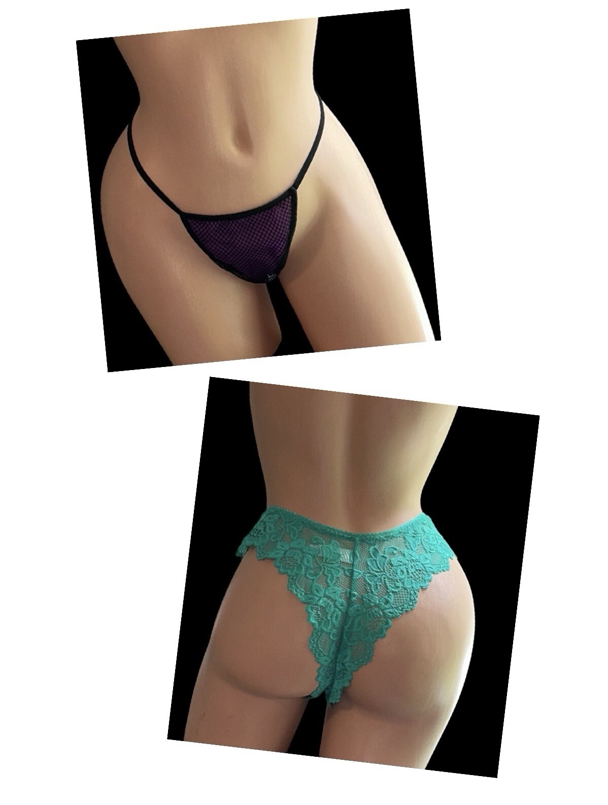 Lot of 2 Fredericks of Hollywood Green & Purple Fishnet G-String Panties L/XL