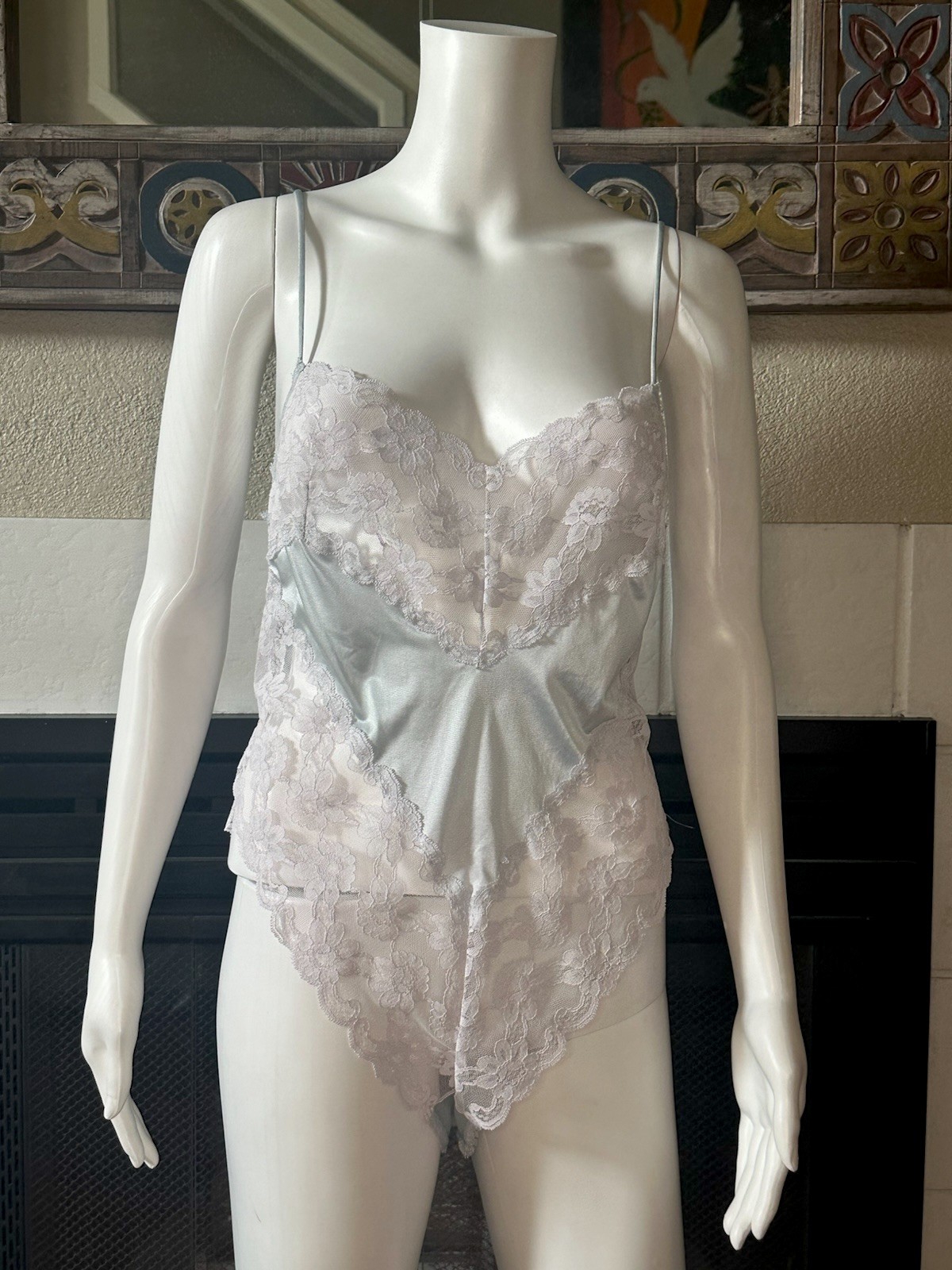 Kayser Vintage Blue Satin And Lace Teddy Sz 36 Armpit To Armpit 15” Length 29”