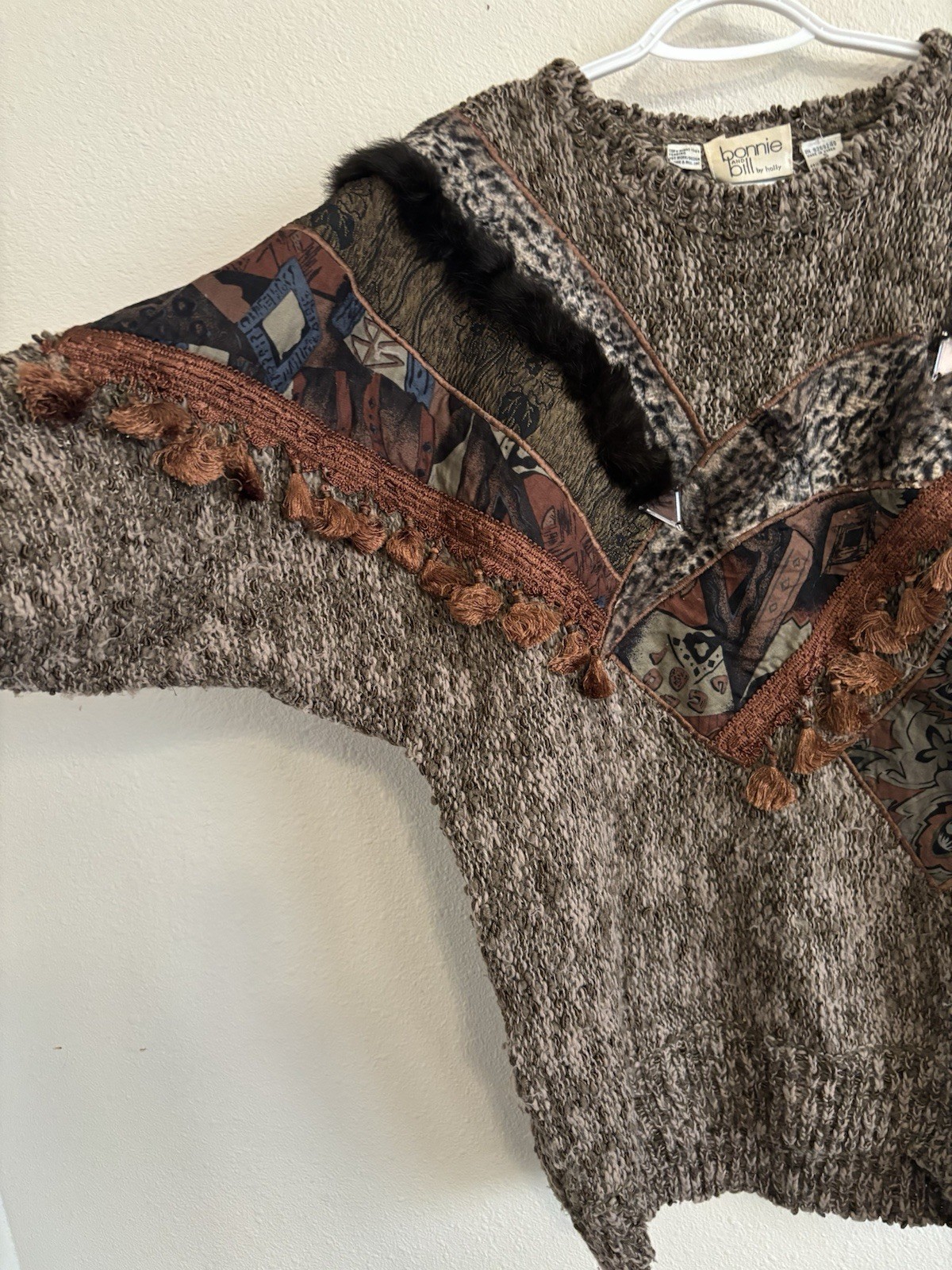 Vintage Bonnie And Bill Knit Crochet Sweater Fur Tassel Size Small