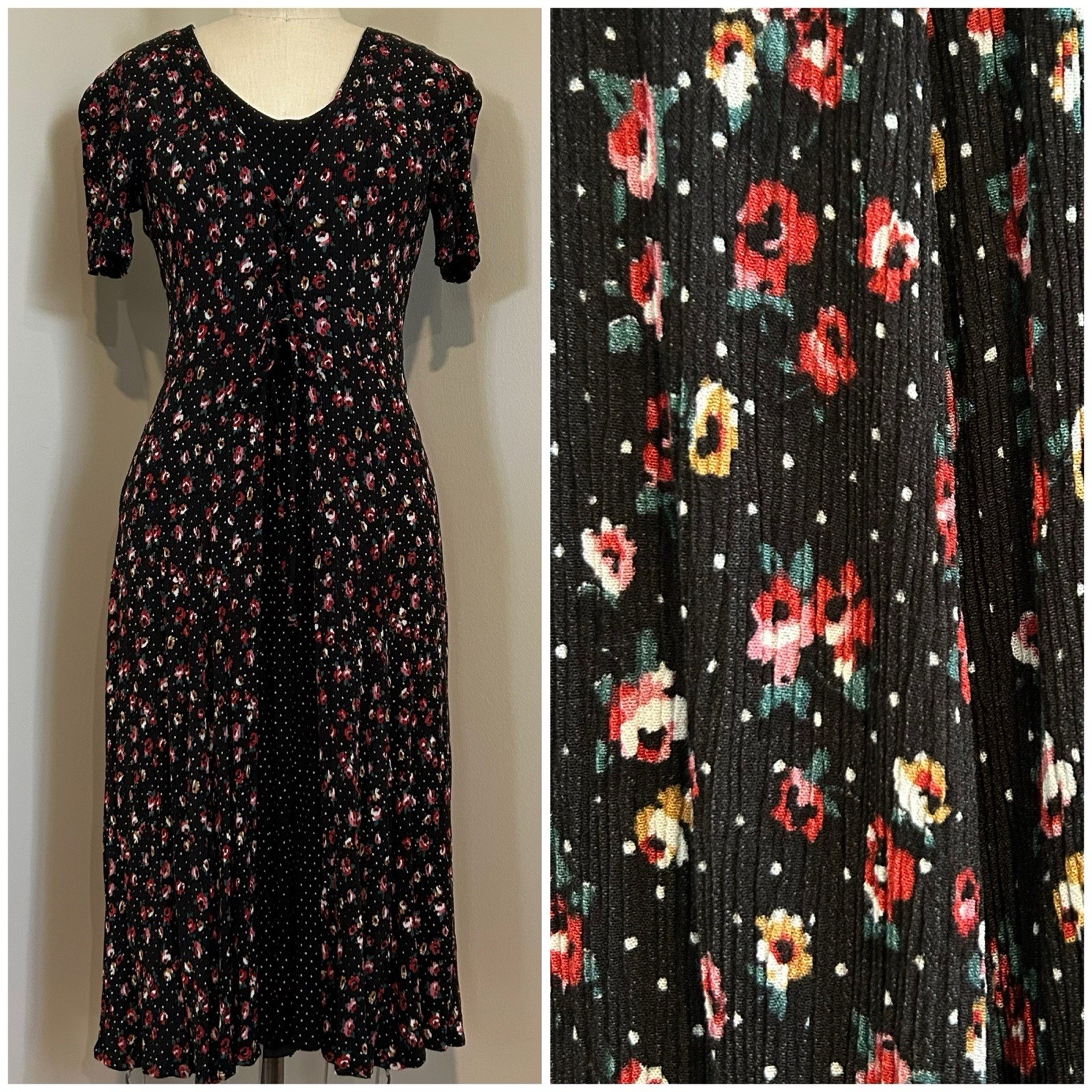 VTG 80s Floral Polka Dot Dress Rayon Cottagecore Brett Alixander Sz 7