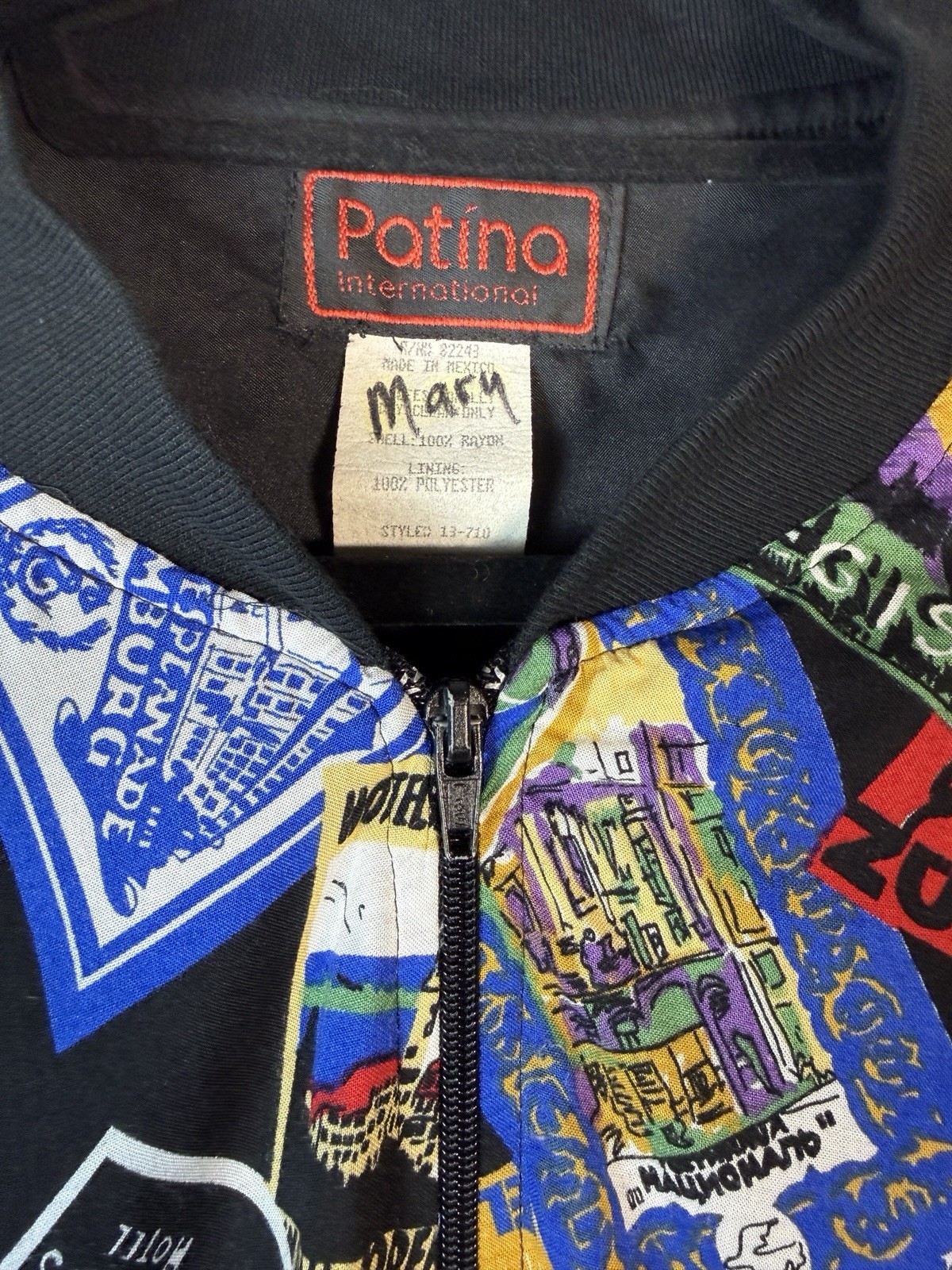Vintage Patina International Novelty Passport Hotel Stamp Bomber Jacket Large