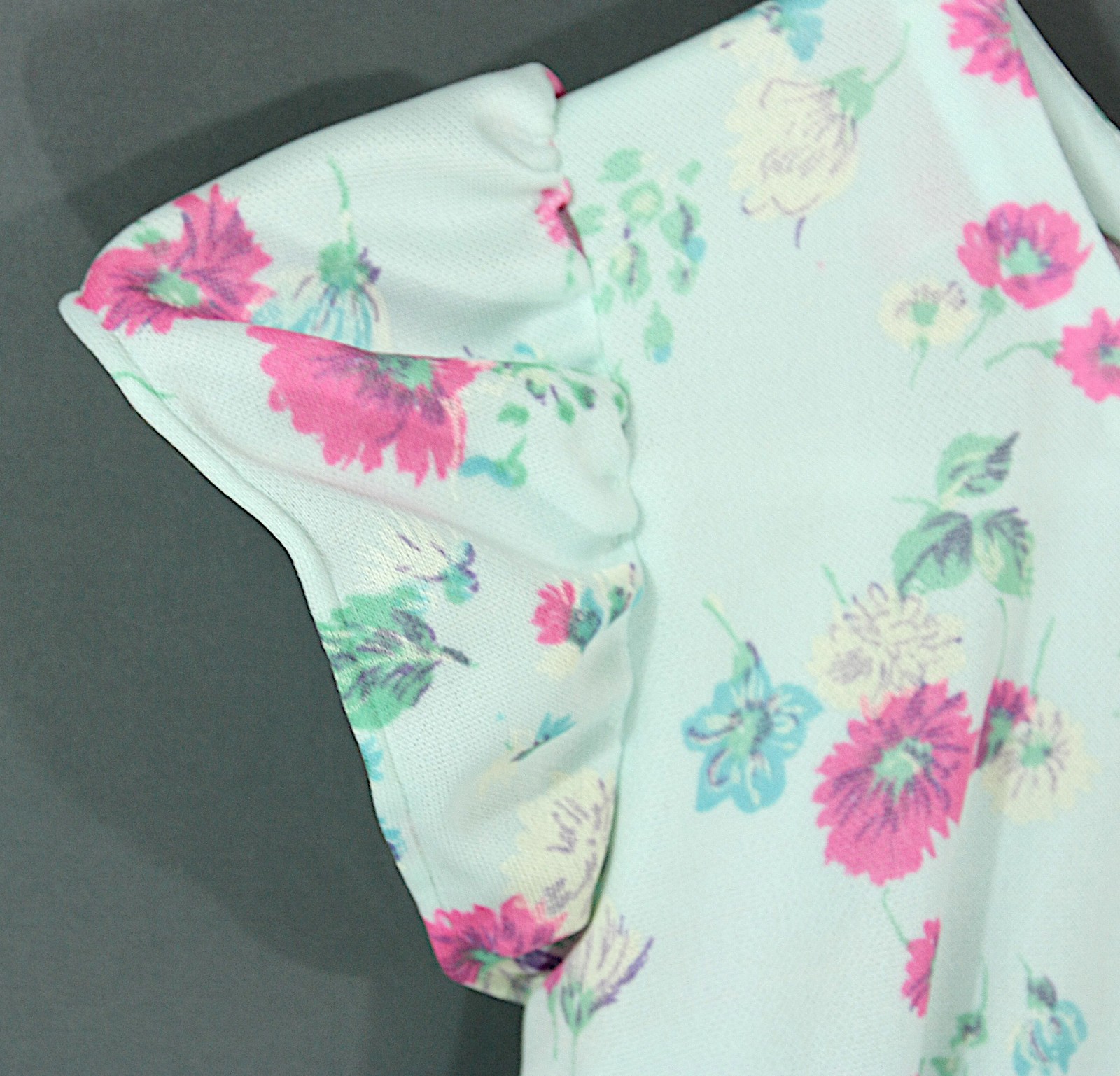 Vintage Pink and Blue Floral Flutter Sleeve Mini Dress Party Sundress 1970s