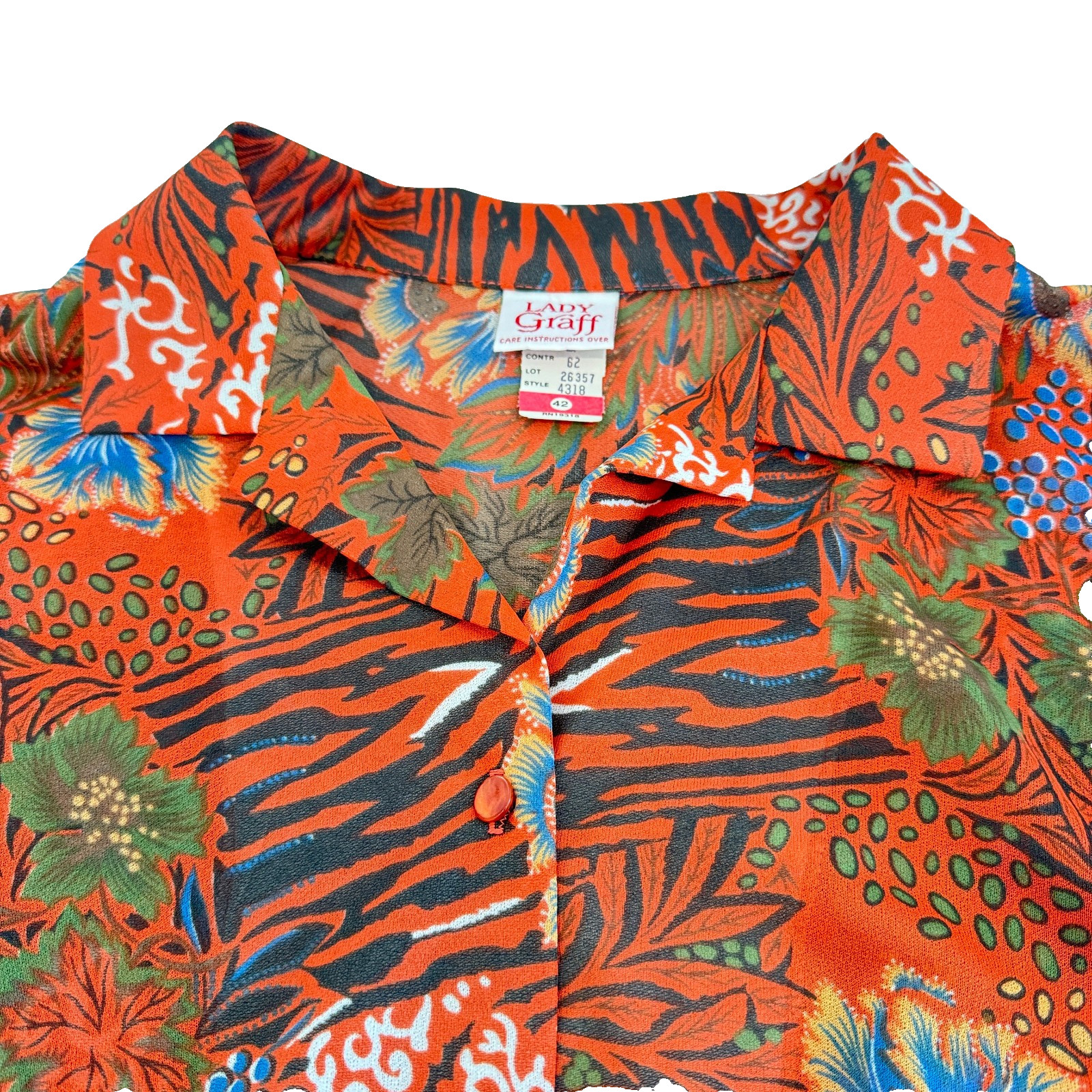 Vintage 70s Floral Psychedelic Blouse Top Orange Blue Womens Size 42 See Through