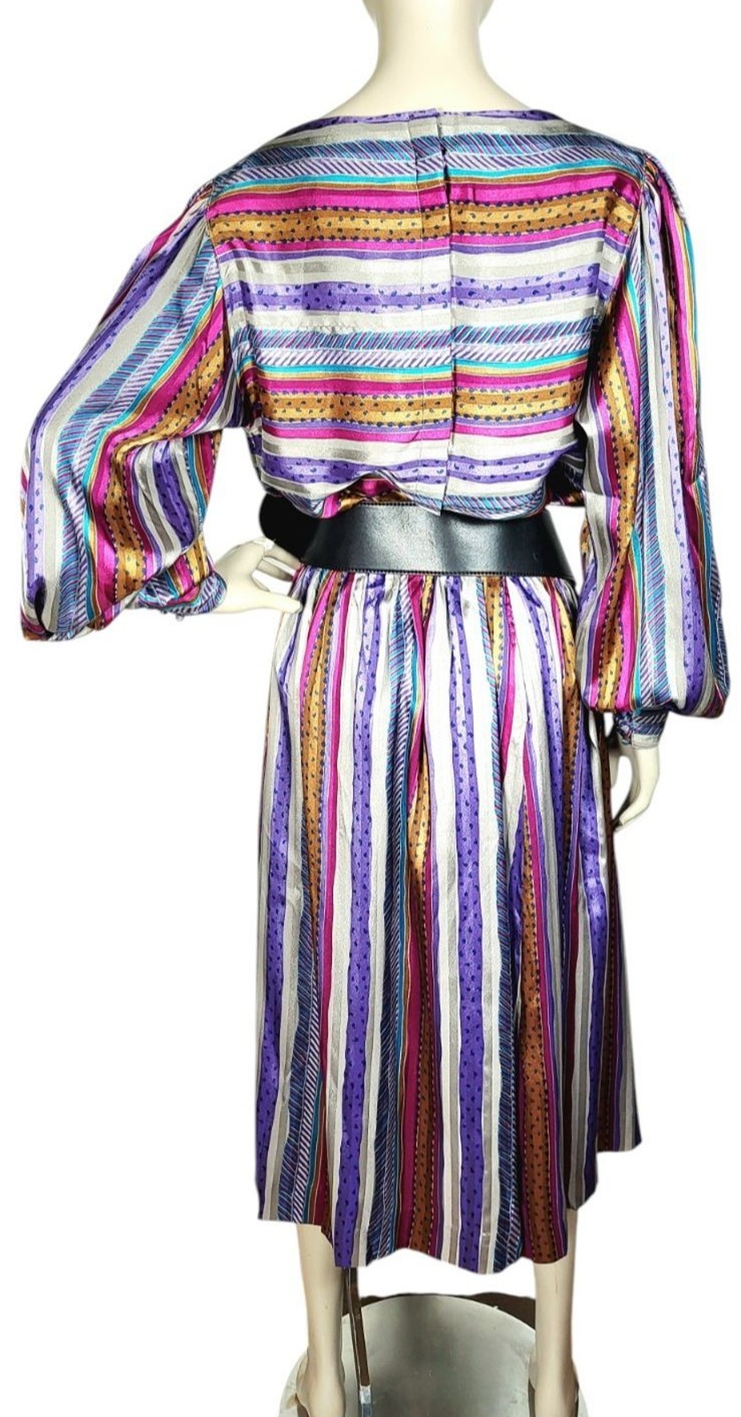 VTG 70s Evan Picone Silky Satin Mixed Media Puff Balloon Sleeve Blouse Skirt Set