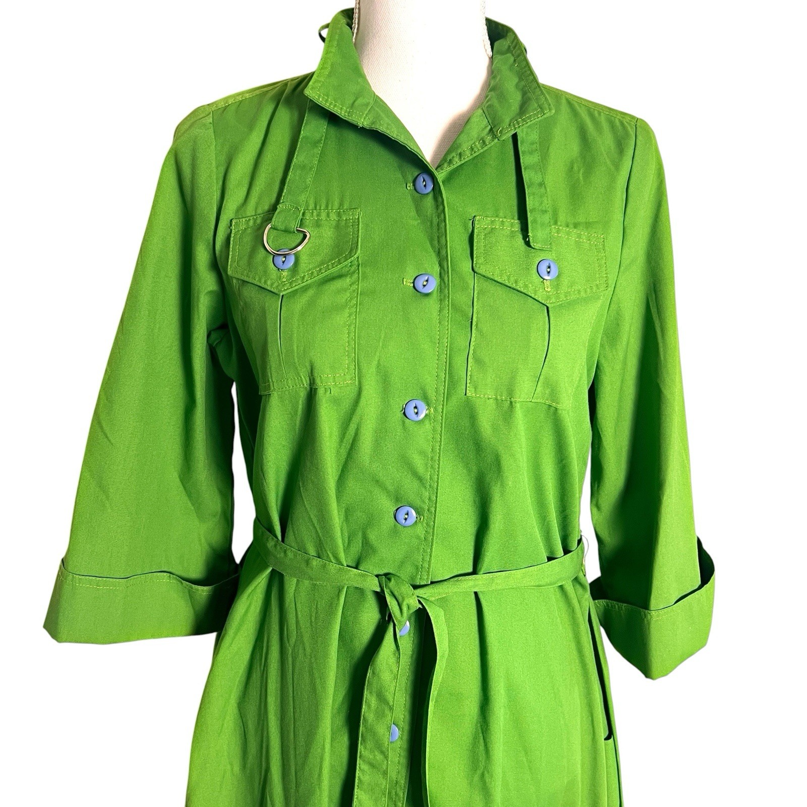 Vtg 1980s Alan Kan Green Shirt Dress Belted Button Front Pockets A-Line Mod M/L