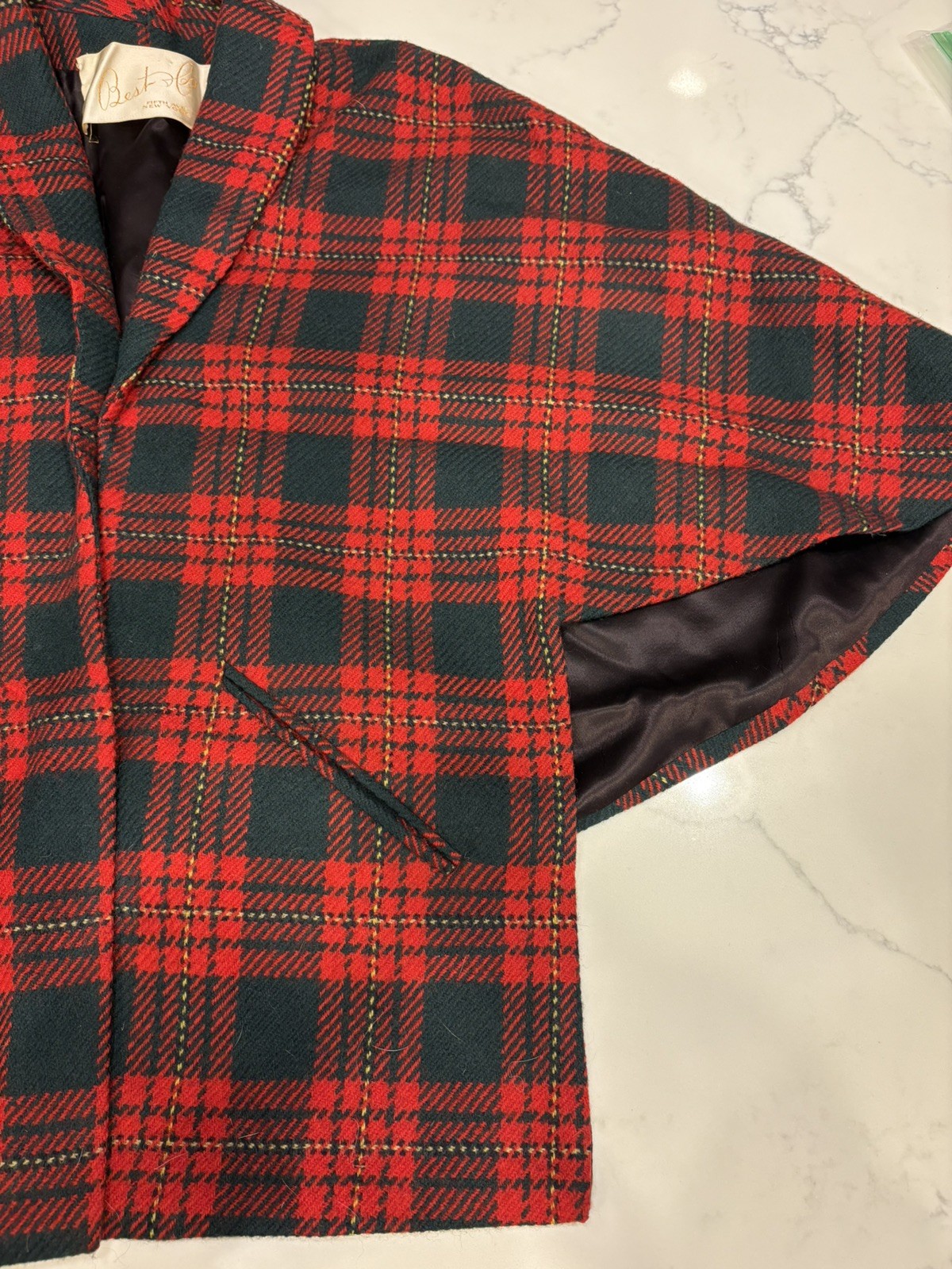 Vintage 1960s Best & Co Fifth Ave. NY Wool Plaid Cape Red and Green Plaid