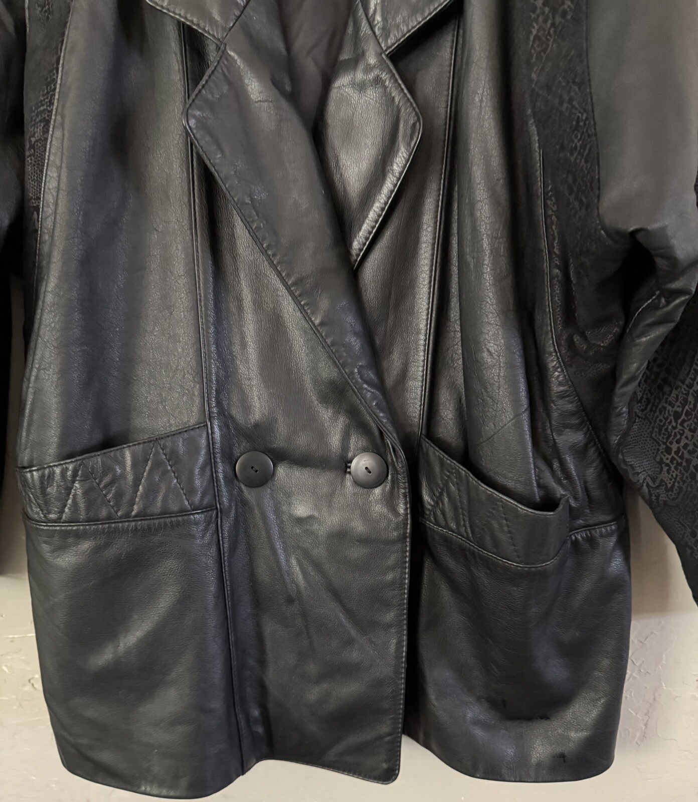 Vtg 80s Preston & York Leather Coat sz M BLack Embossed Paisley Suede Modern
