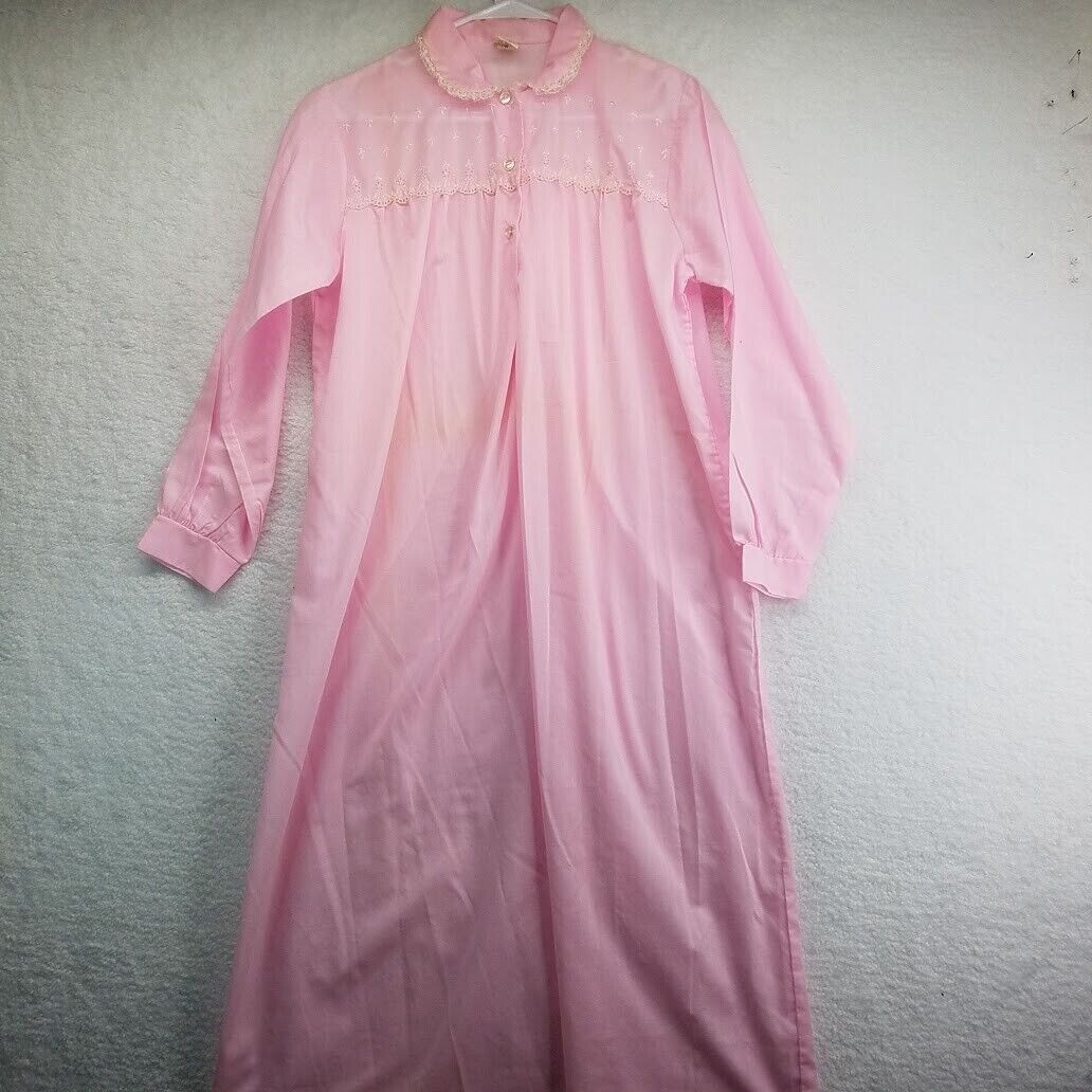 Katz Gown Womens 34 Pink Long Sleeve Buttons Eyelet Lace Vintage 60s Nightgown