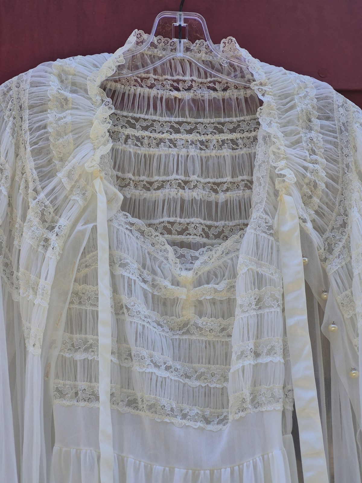 Vintage MCM Radcliffe Ivory Sheer Lace Smocked Bridal Peignoir Nightgown Set 2