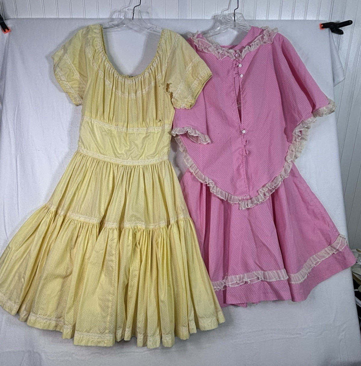 3 pcs Pink & Yellow Dotted Swiss Dresses For CRAFTING OR CUTTER holes damaged
