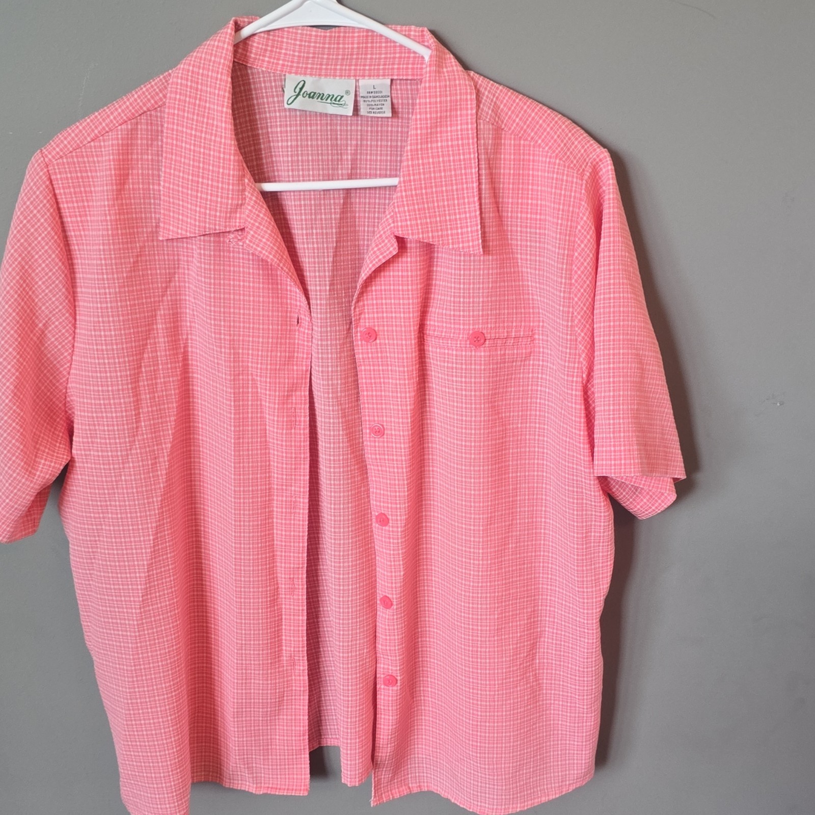 Vintage 80s 90s Joanna Pink Gingham Button Up Shirt Short Sleeve L Cottagecore
