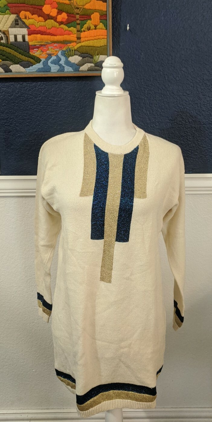 VTG Helen Hsu NY Beige w/ Gold Blue Metallic Sweater Bergdorf Goodman Medium M