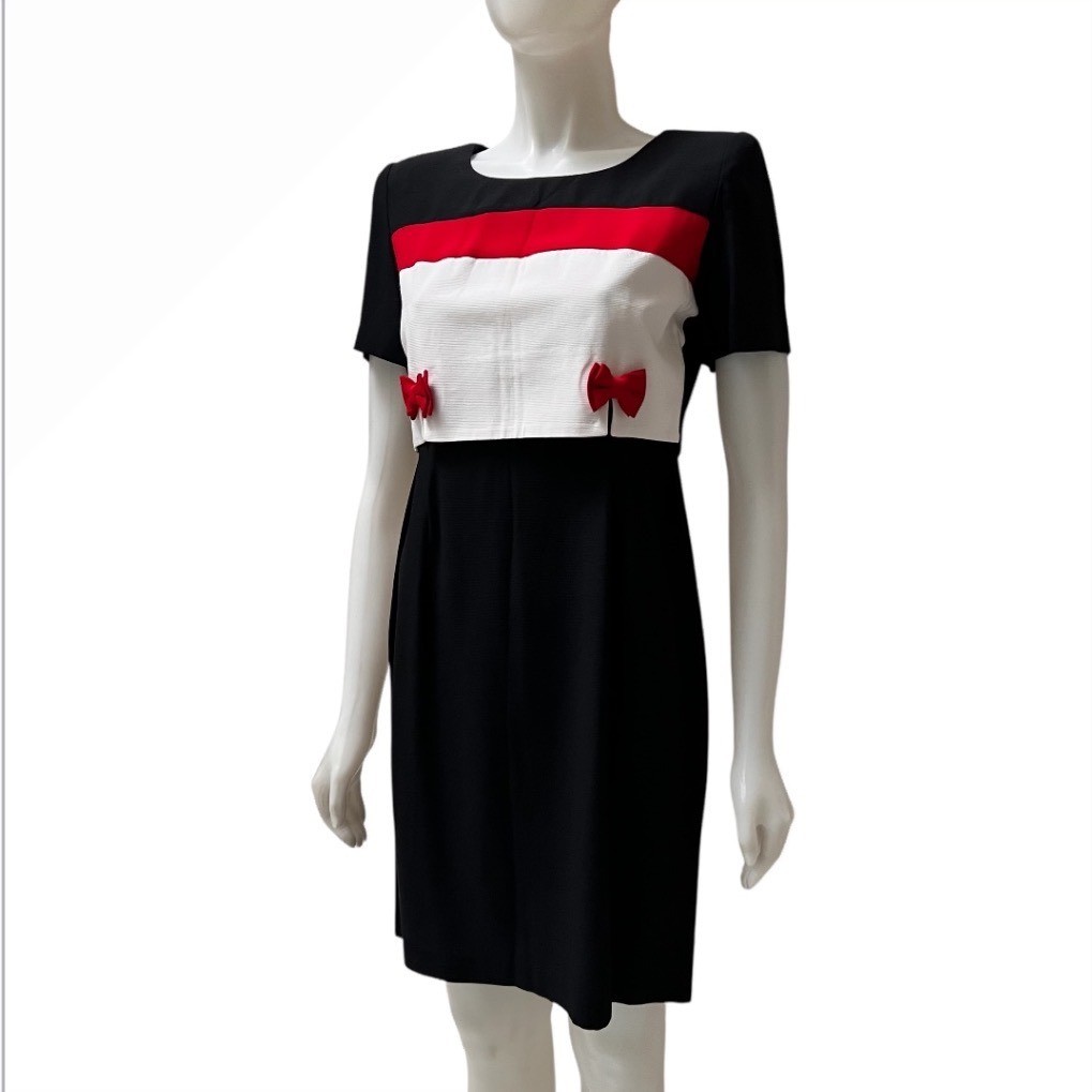 Vintage 90s Colorblock Bow Sheath Dress Retro Mod Office Siren Made in USA SP
