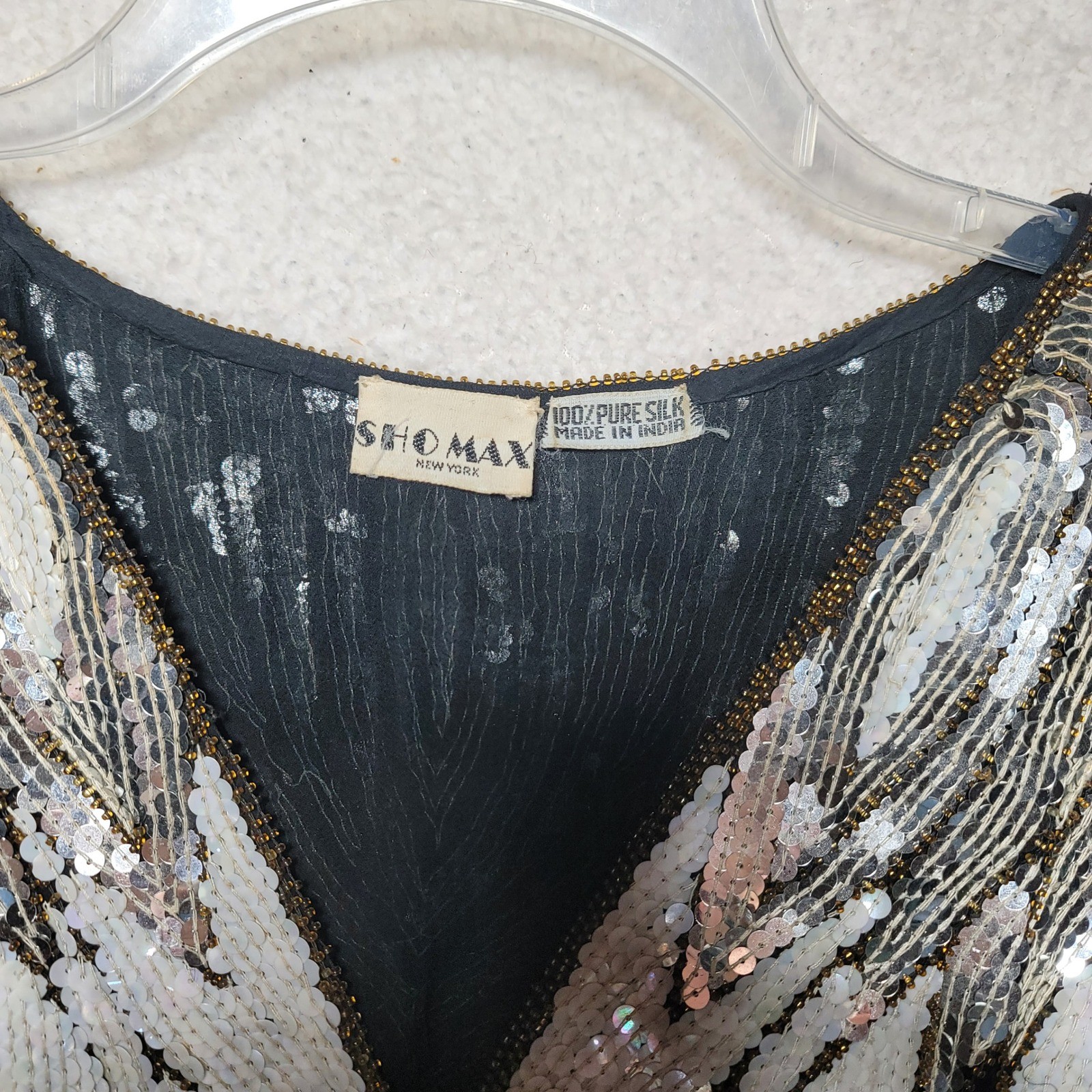 Sho-Max New York Vintage Silk Sequin Beaded Butterfly Top Art Deco Black White