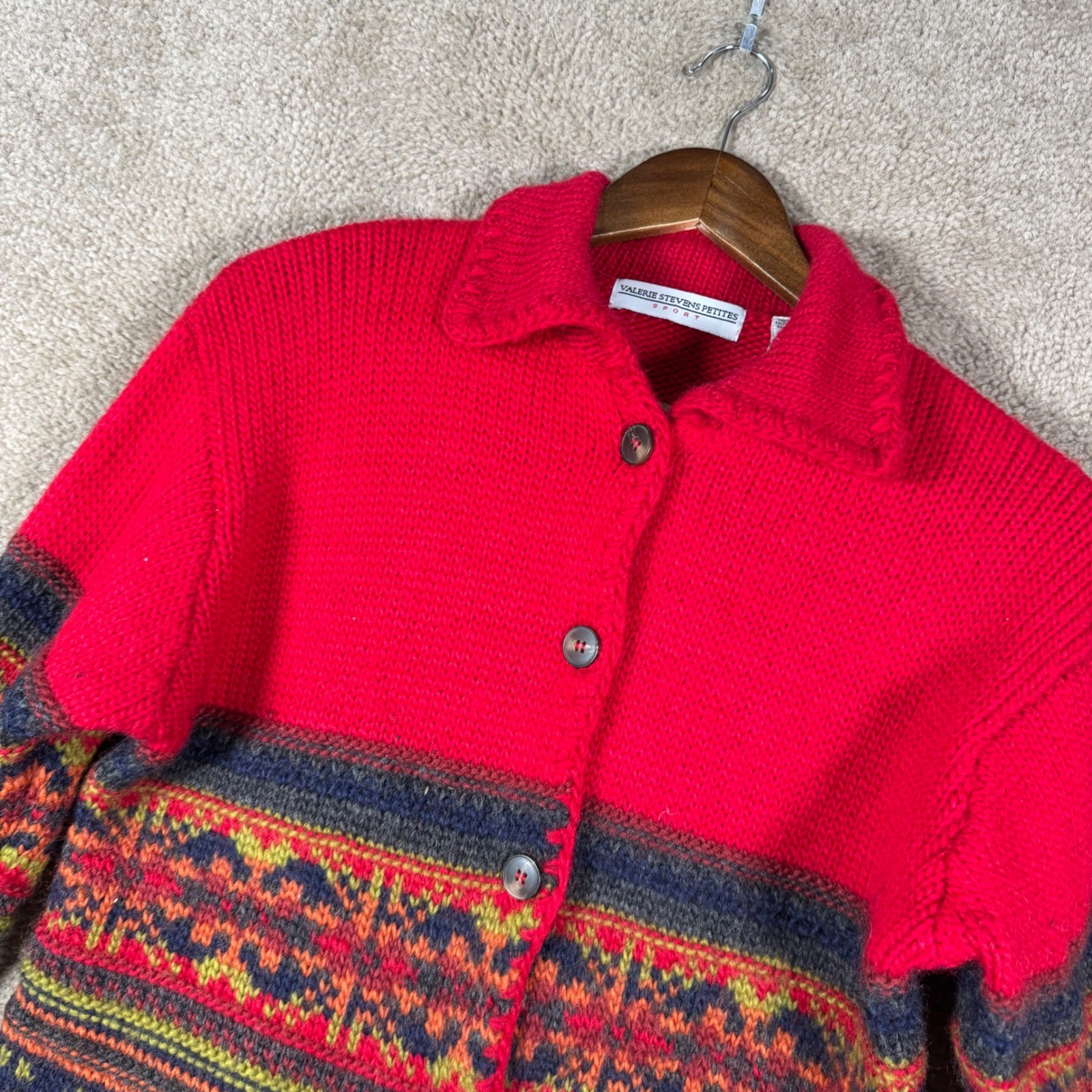 Valerie Stevens Petites Wool Knit Fair Isle Grandpa Cardigan PM Vtg Grandpa Core