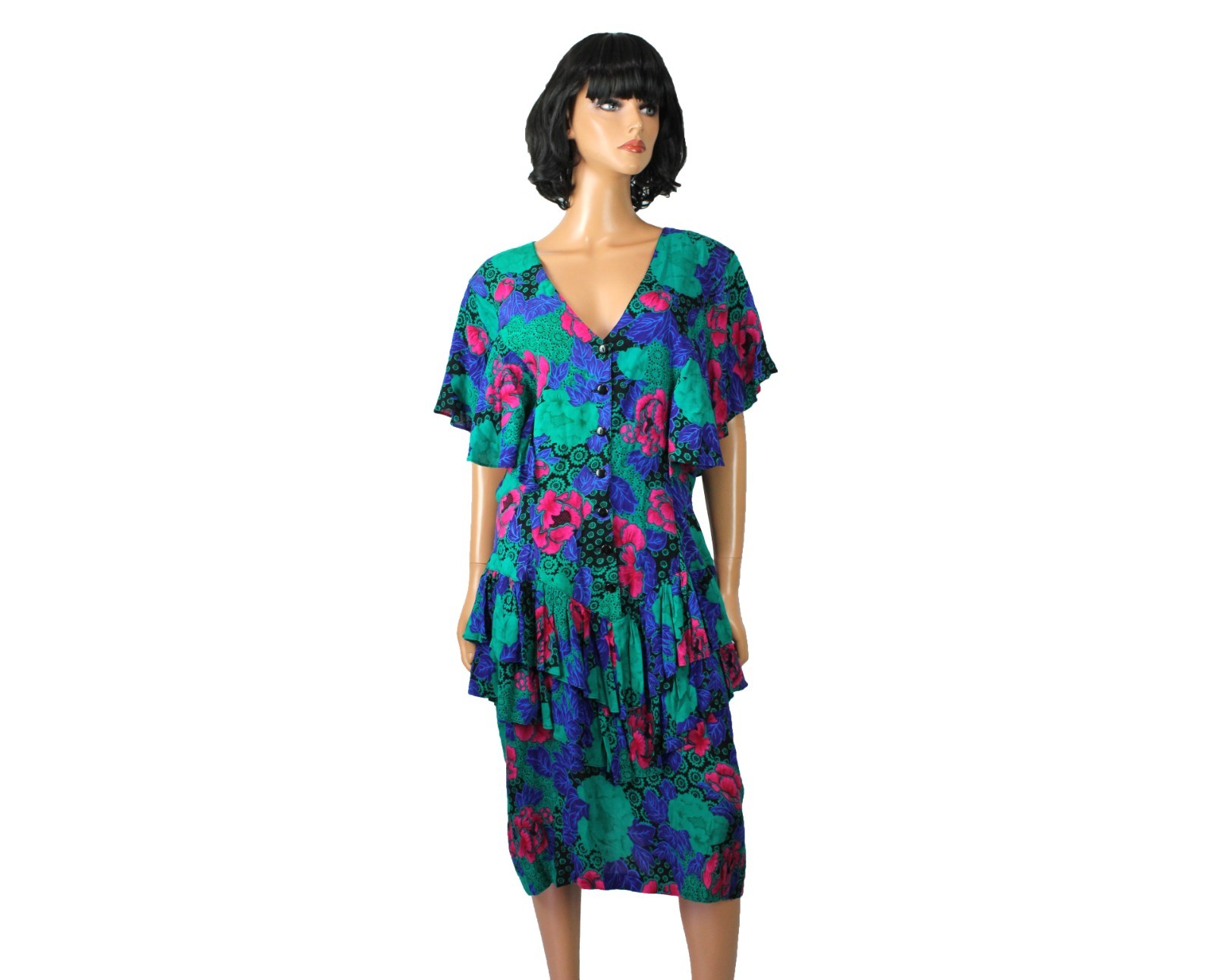 80s Prom Gown 14 L Vintage Blue Green Pink Floral Tiered Ruffle Cocktail Dress