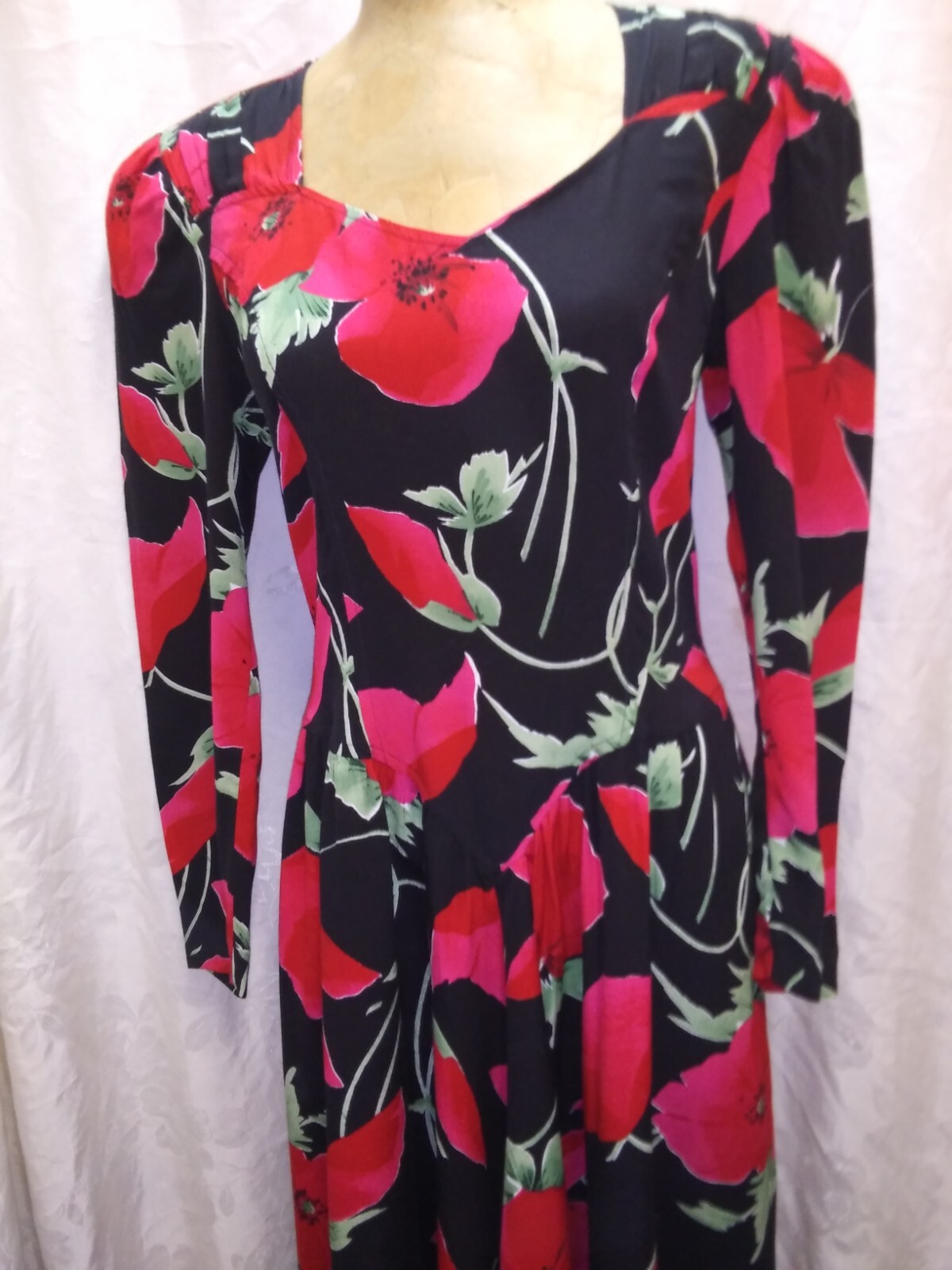 Vintage 1980’s Black Red Green Rayon Dress by Carol Anderson Small