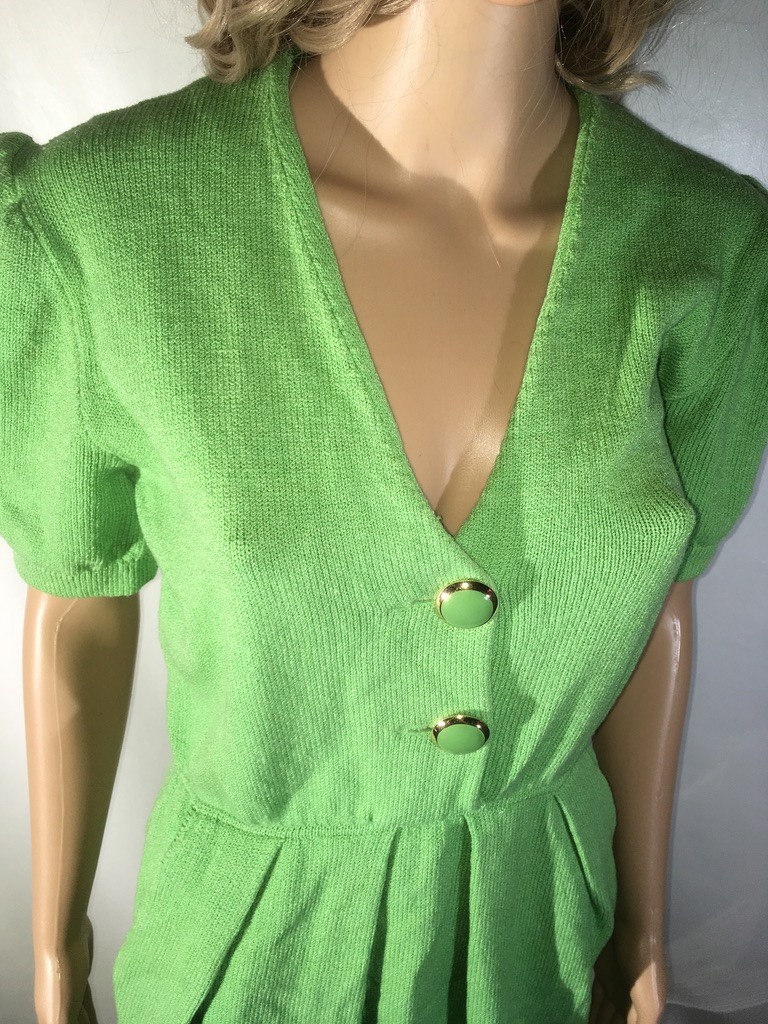 Vintage St. John by Marie Gray Knit Green Dress Puff Sleeves Size 8 1980s V-neck