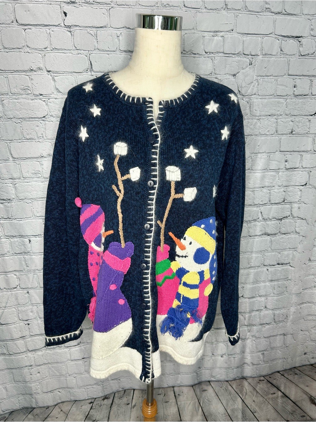 Grandma Eclectic Snowman Vintage Cardigan Navy Blue Knit Button Front