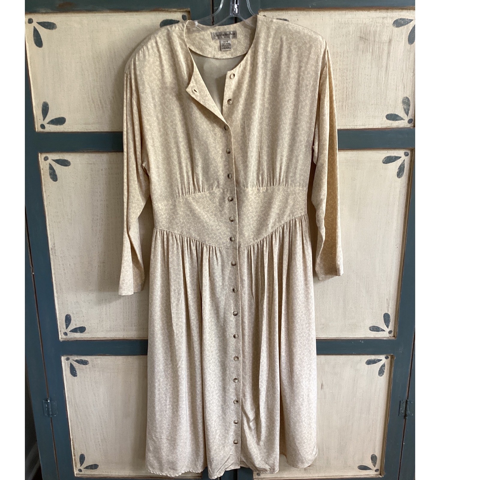 Liz Claiborne Vintage 90s Rayon Midi Dress Tan Geometric Dot Cottagecore 12