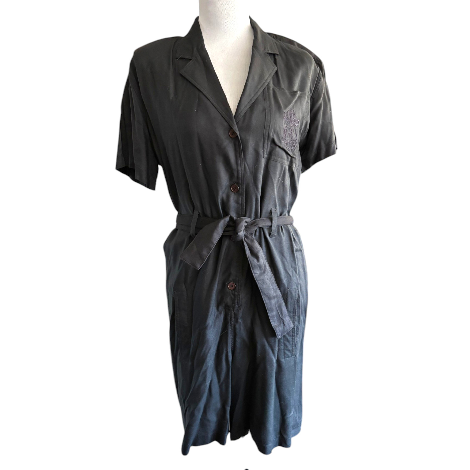 Happy Legs Vintage black short sleeve collared button up belted Romper sz S