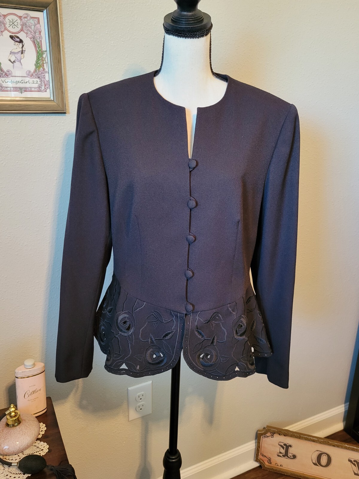 Vintage Black Blazer Peplum Scallop Cutout, Button Up By NYP Suits, Size 10