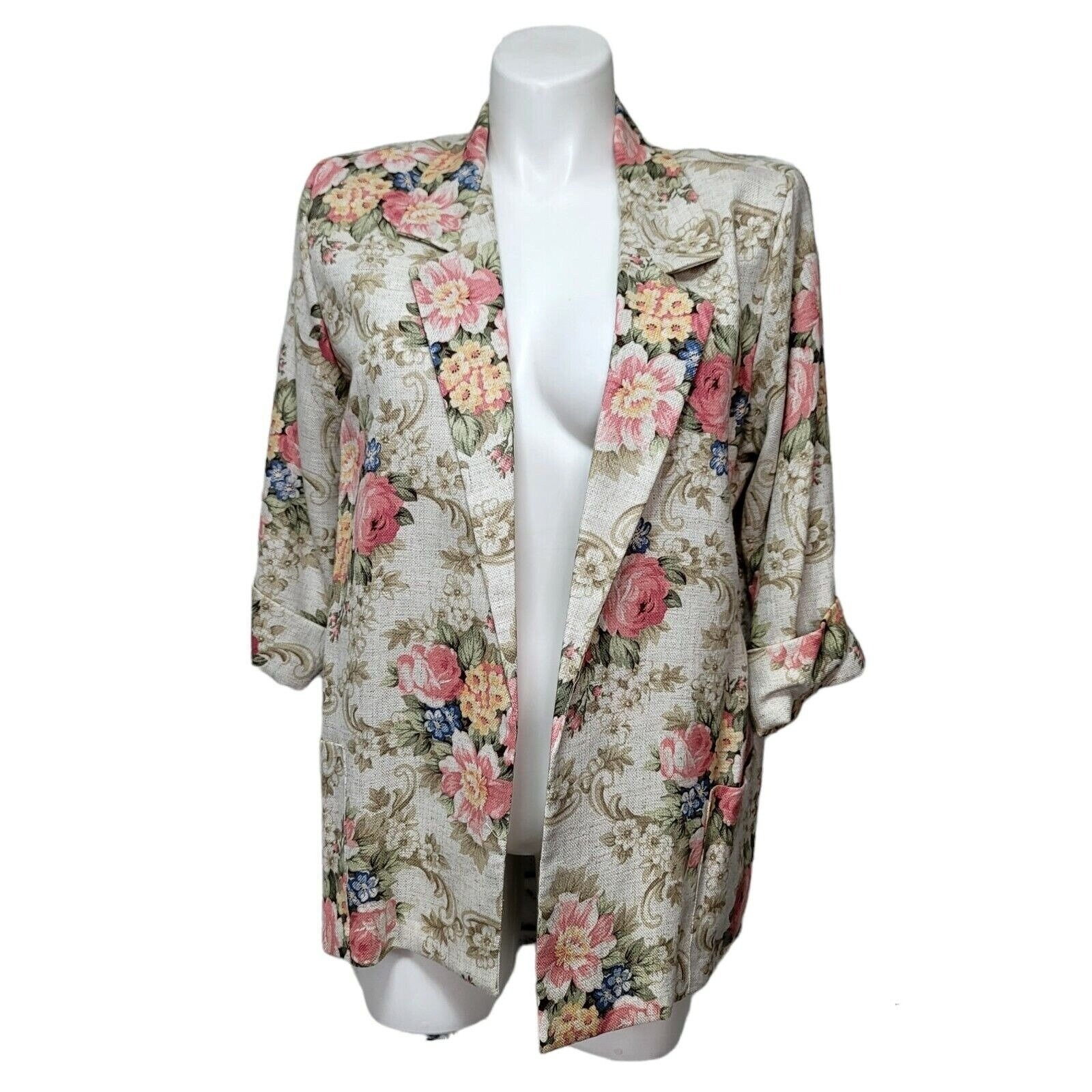 Vintage Joanna Womens L Cottagecore Floral 3/4 Cuffed Sleeve Open Front Blazer