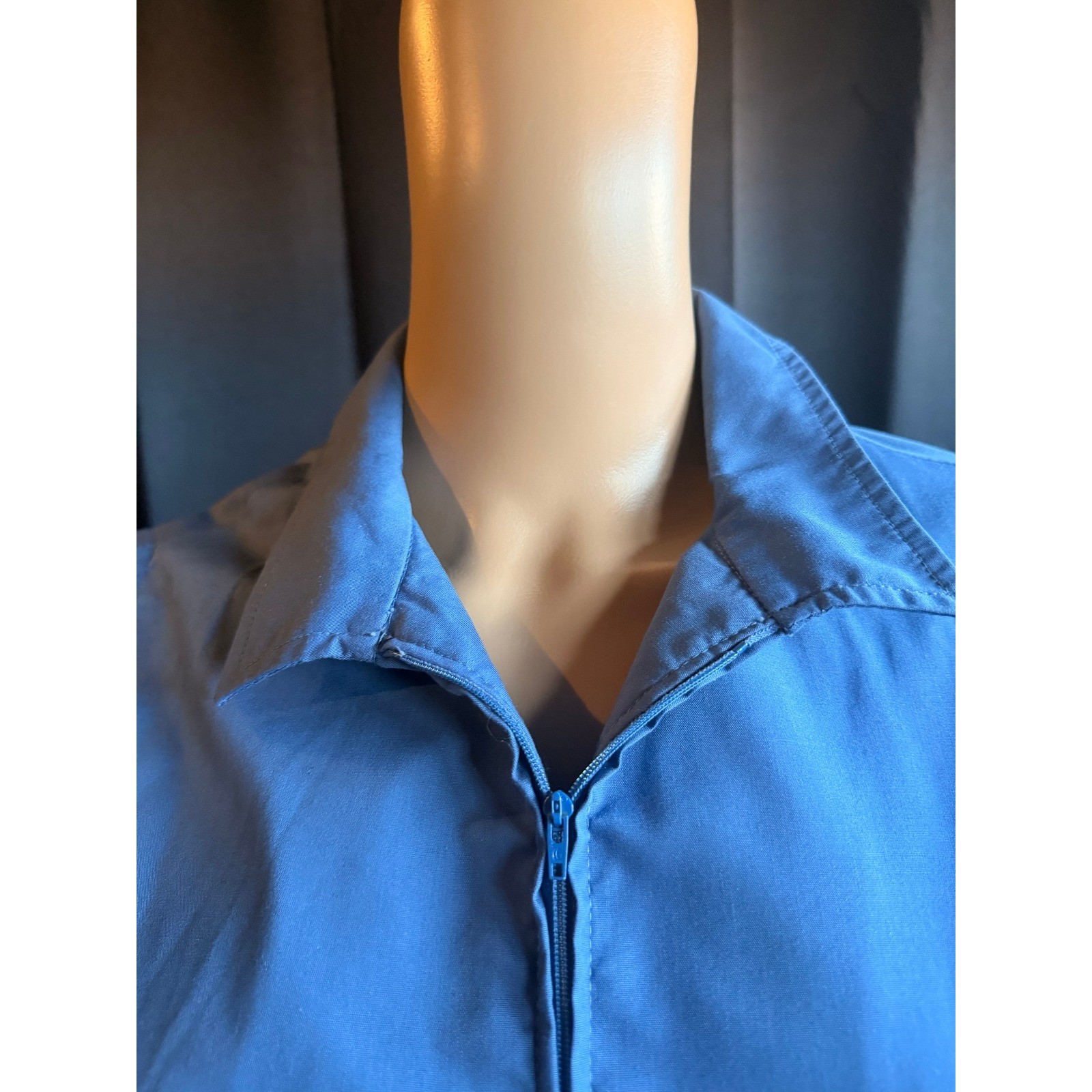 Vintage Blue Zip Front Midi Dress Short Sleeve Utility Workwear Pockets Retro