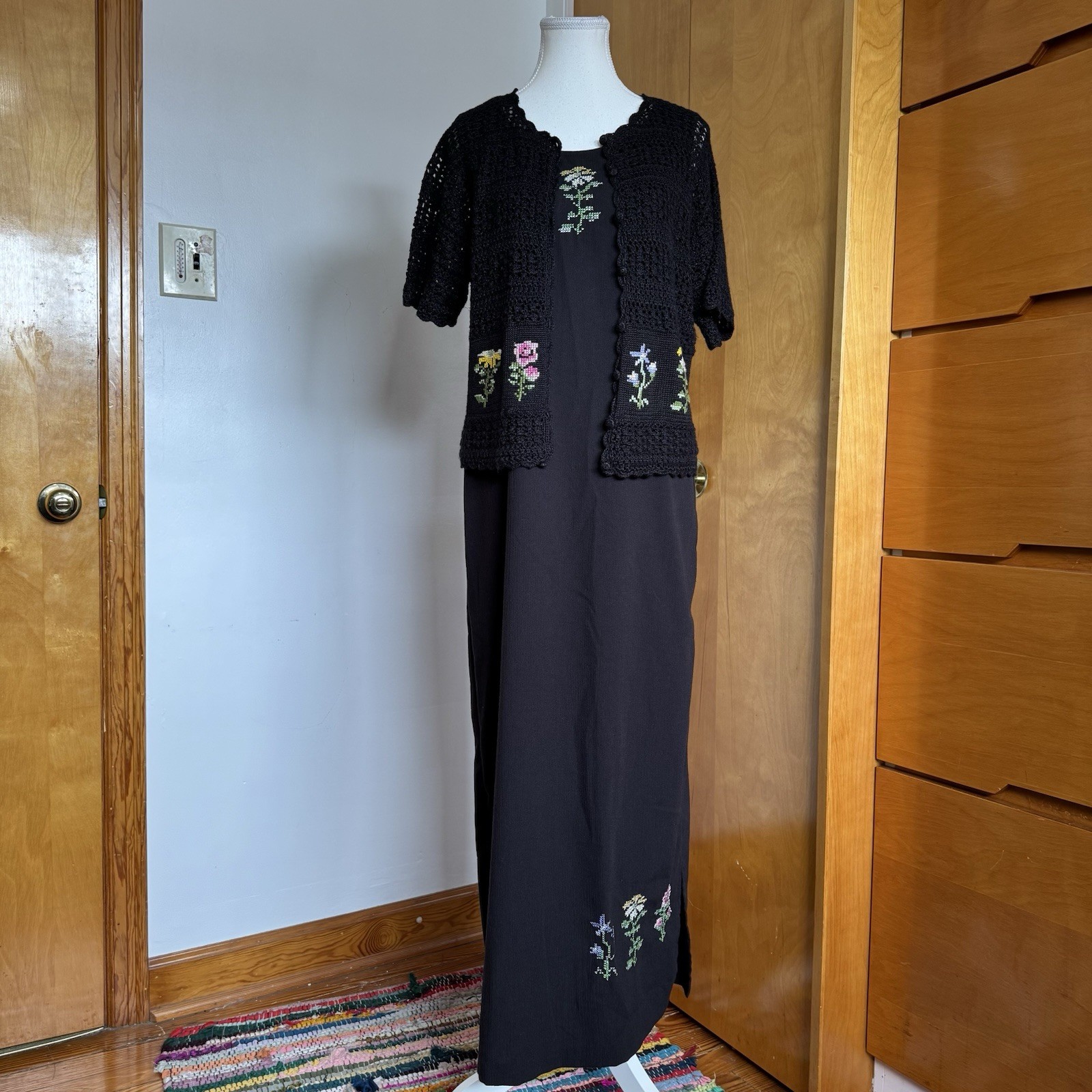 Vintage 90s Teddi 2 Piece Black Embroidered Maxi Dress & Crochet Cardigan