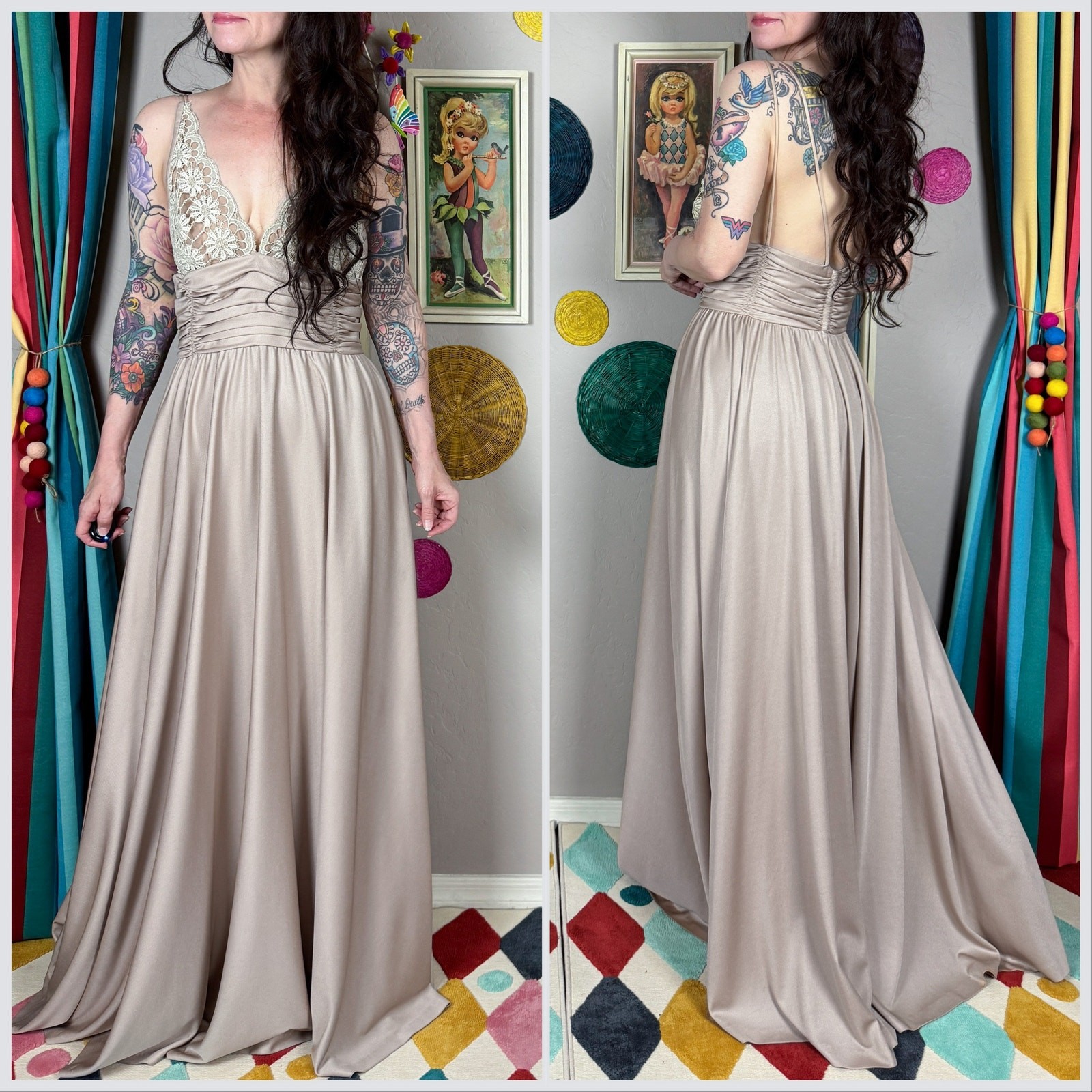 Vintage 1970s Taupe Illusion Floral Lace Strappy Backless Gown | 28″ Waist