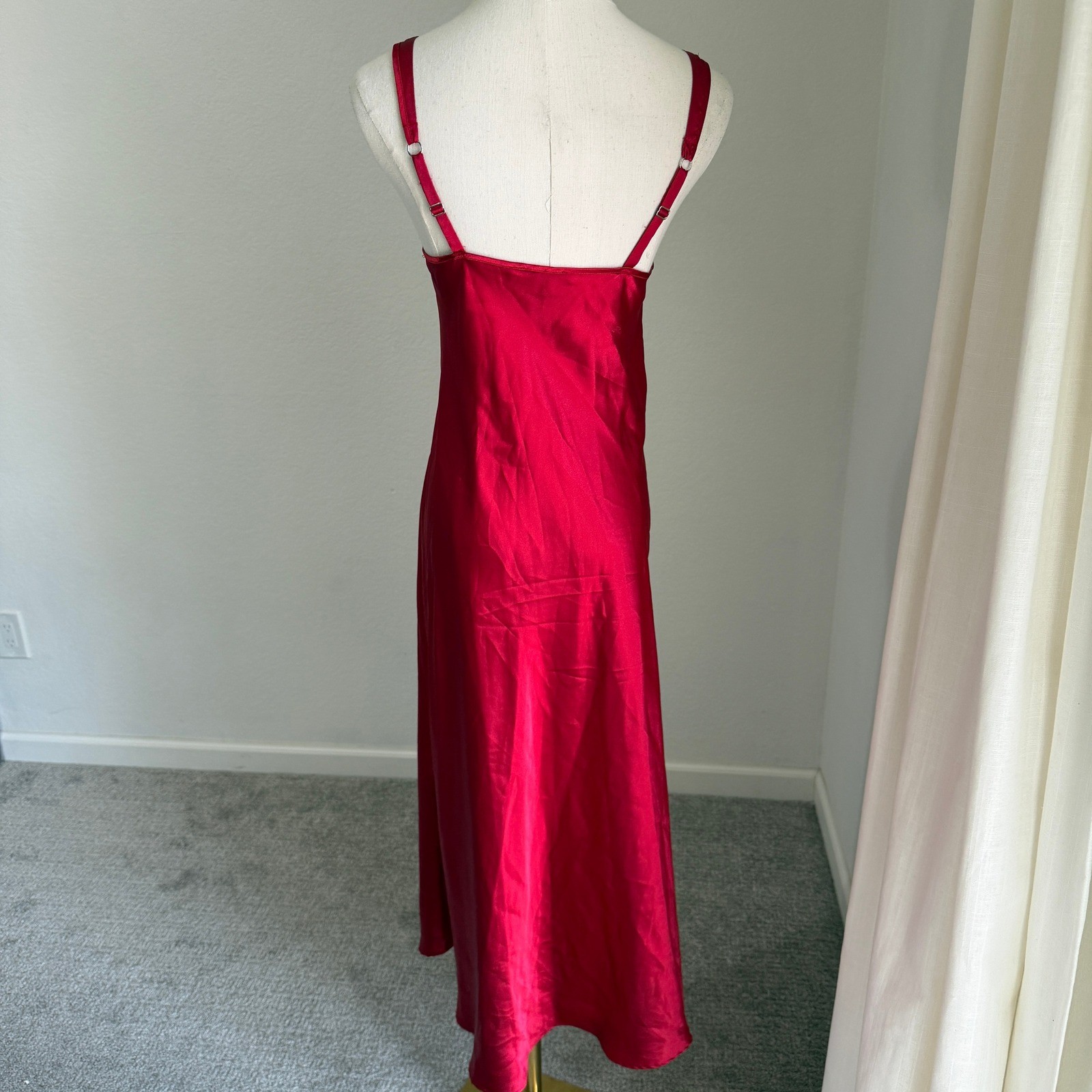 Red Satin V-Neck Slip Dress Midi Chemise Old Hollywood Glamor Boudoir Lingerie