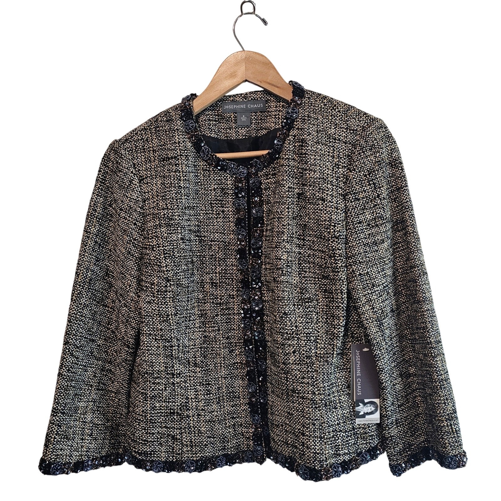 Vtg Josephine Chaus Tweed Blazer Women Sz 6 Brown Silk Beaded Career Academia