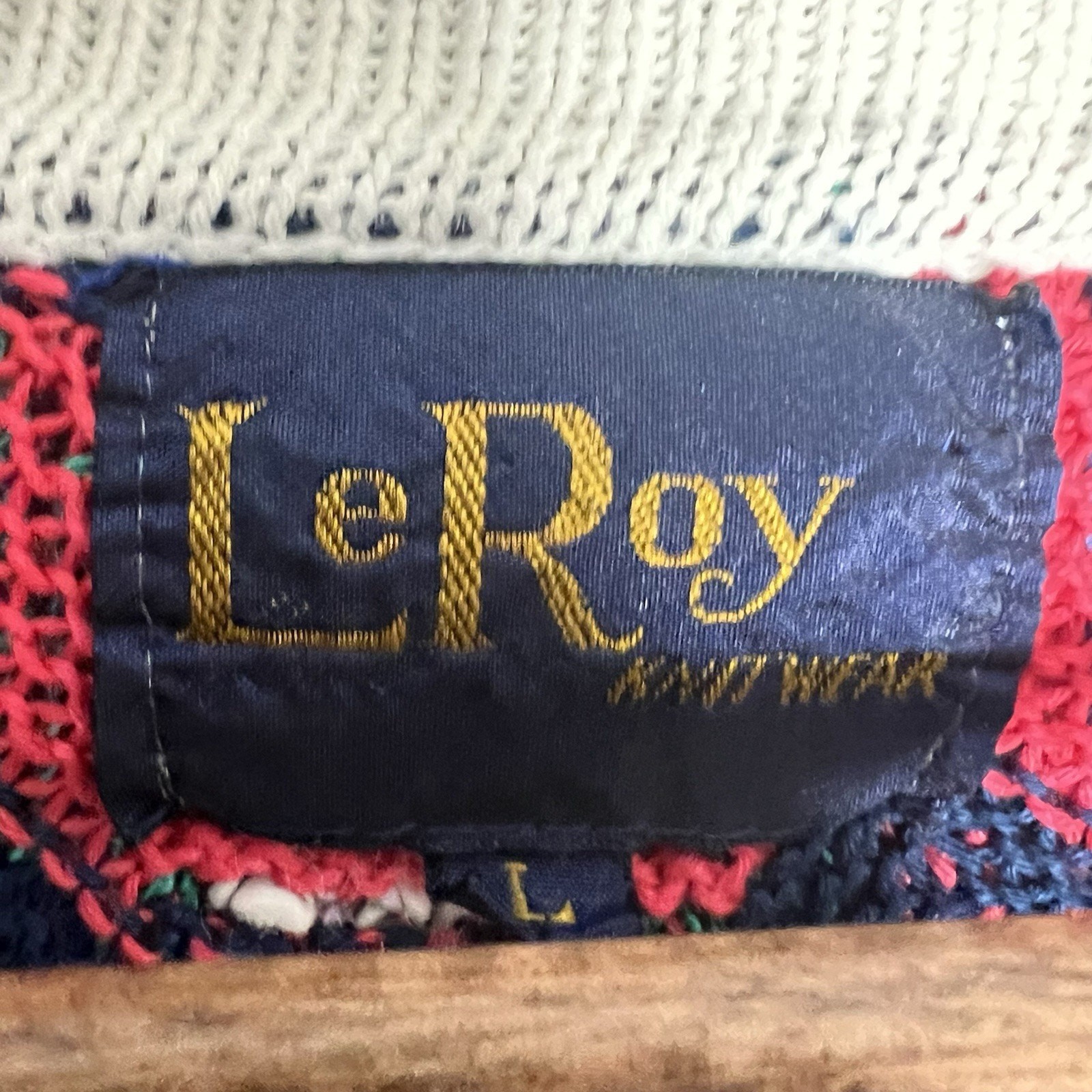 Vintage 80s LeRoy Knitwear Sweater Sz L Collared V Neck Textured Preppy Academic