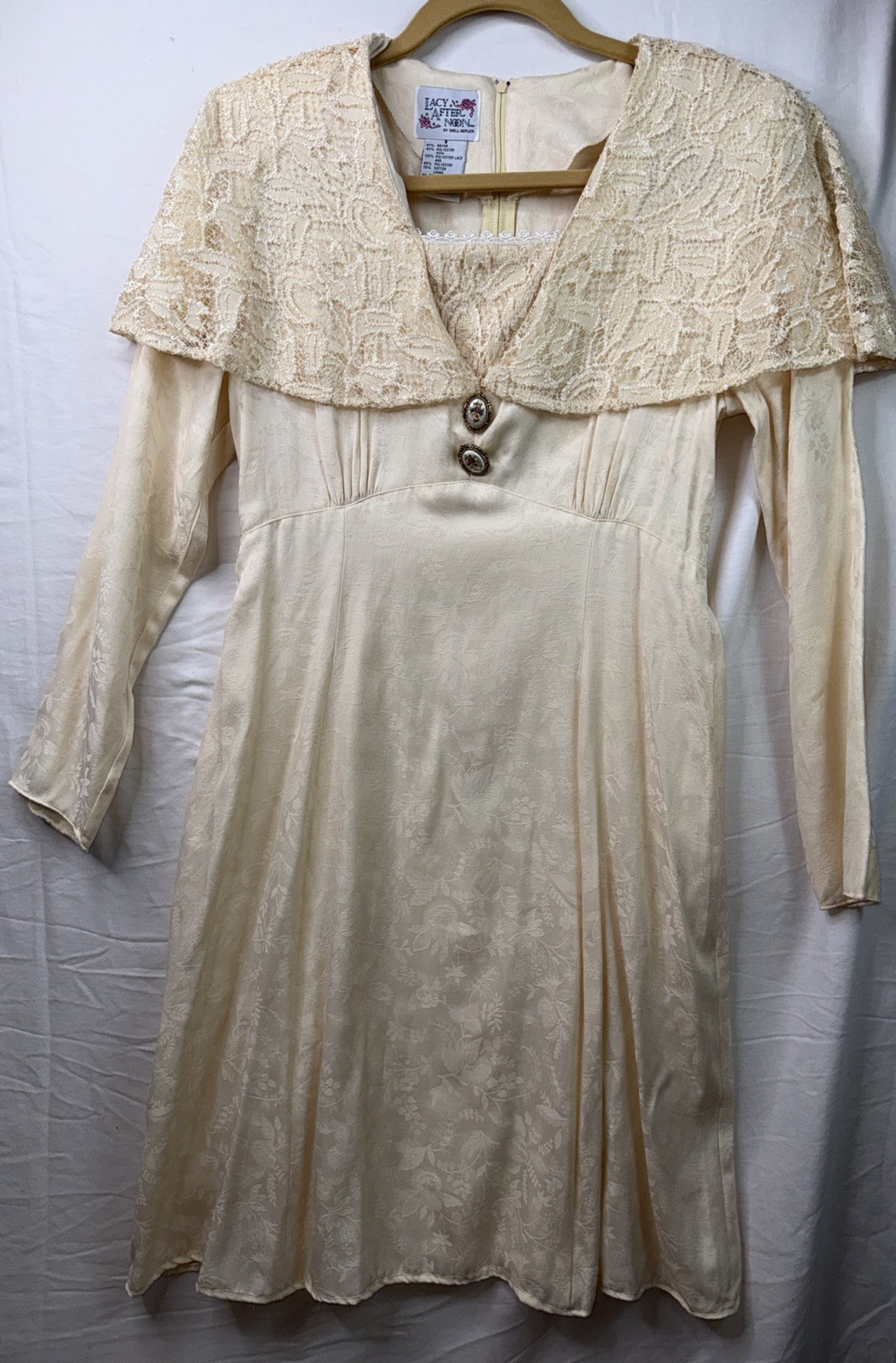 VTG 80s Lacy After Noon Shell Kepler Ivory Brocade Dress CottageCore Sz 8 V Good