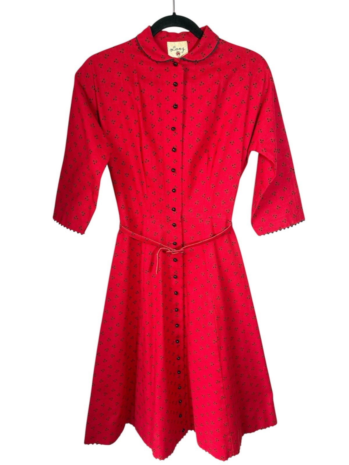 Vintage Lanz Original Red Floral Button Front Dress 1950s-60s Austrian Style S