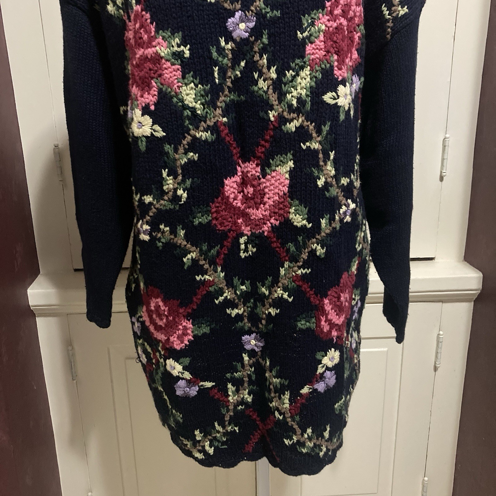 Vintage Paul Harris Design Dark Blue Knitted Flower Floral Long Sweater Size S