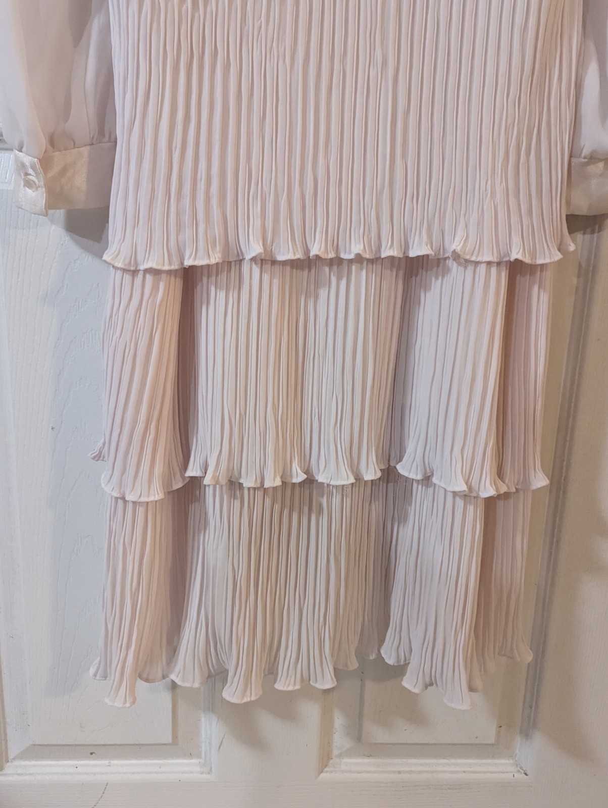 Vintage Flapper Dress Sz 12 Rouched Layers Pink Ruffles USA Long Sheer Sleeves