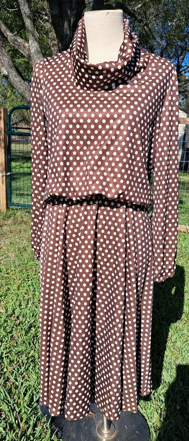 Vintage 70s Brown and White Polka Dot Puffy Dress S/M Long Flow Skirt
