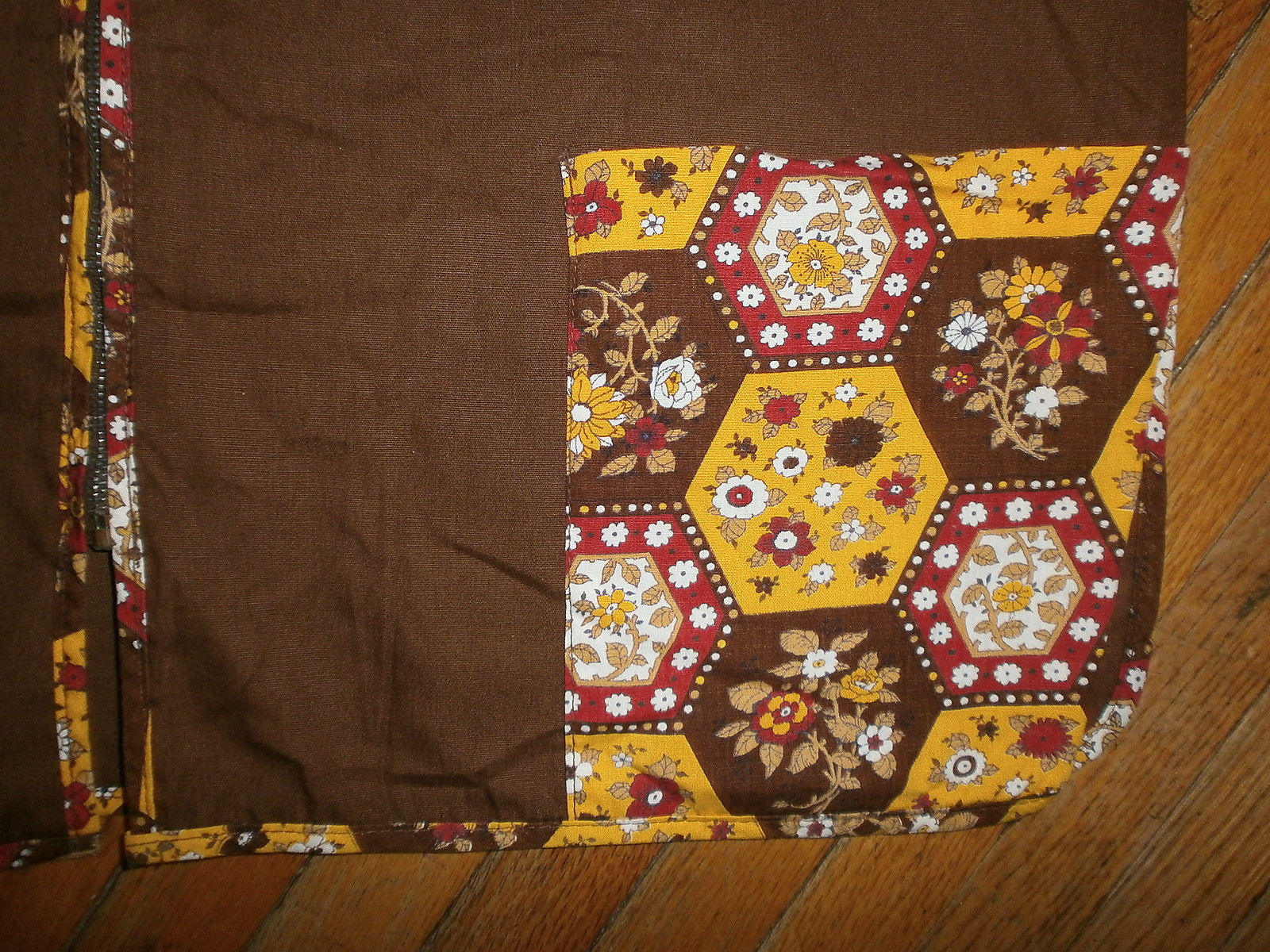 vtg 1970s BROWN ORANGE HOUSE COAT SHIRT Womens Top Vest Zip Pockets Handmade
