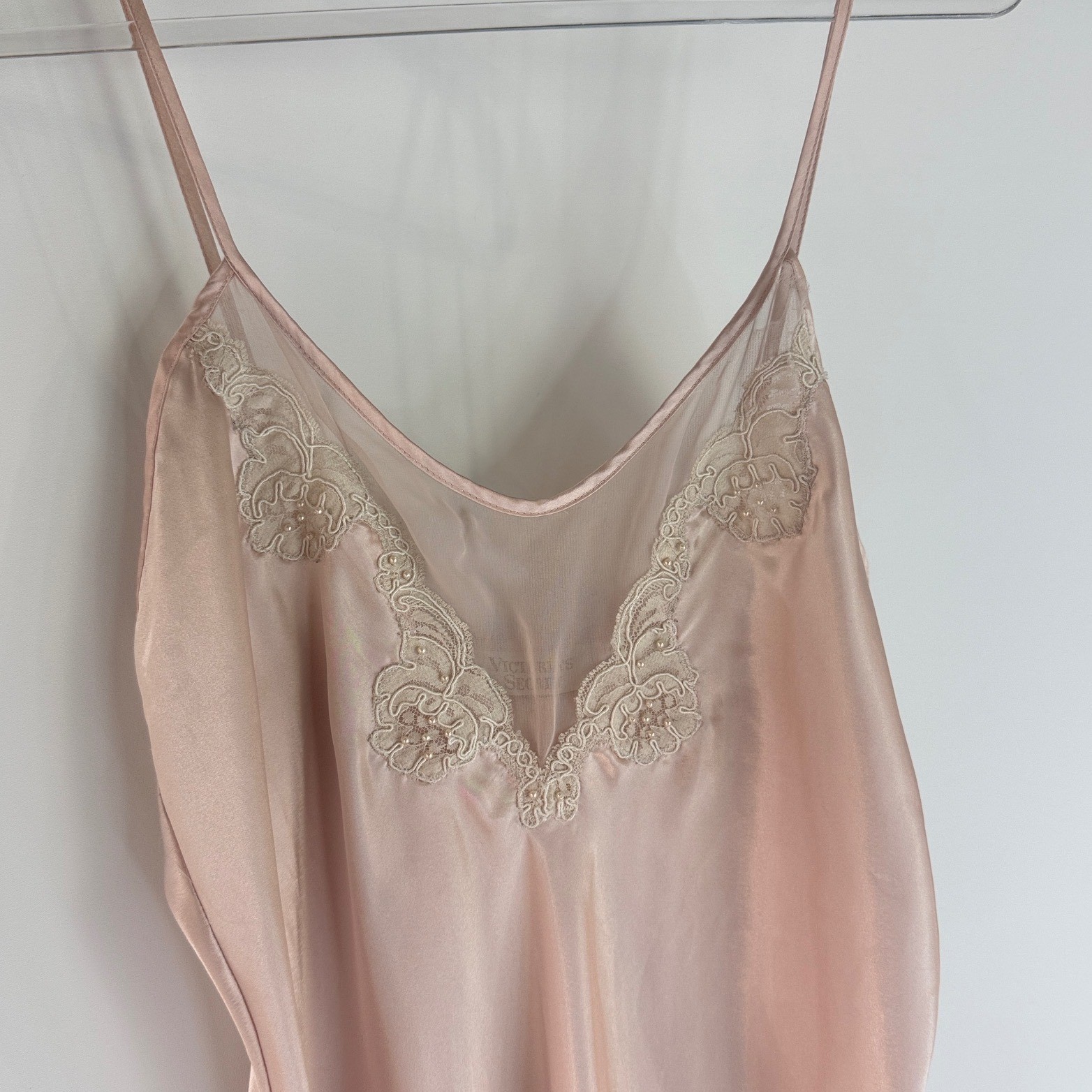 Vintage Victoria’s Secret Nightgown Slip Dress Women L Pink Lace Tiered Mesh Hem
