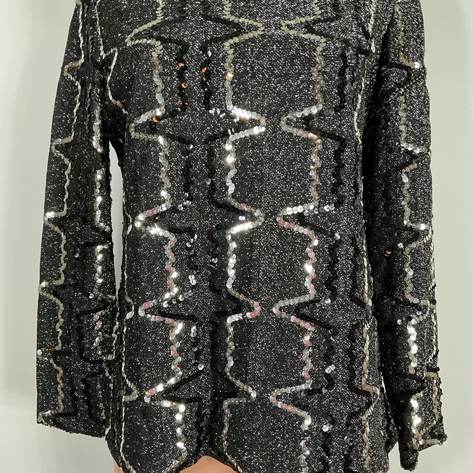 VTG 70s Elinor Gay original black silver sequin blouse top mid century sz 14 MOD