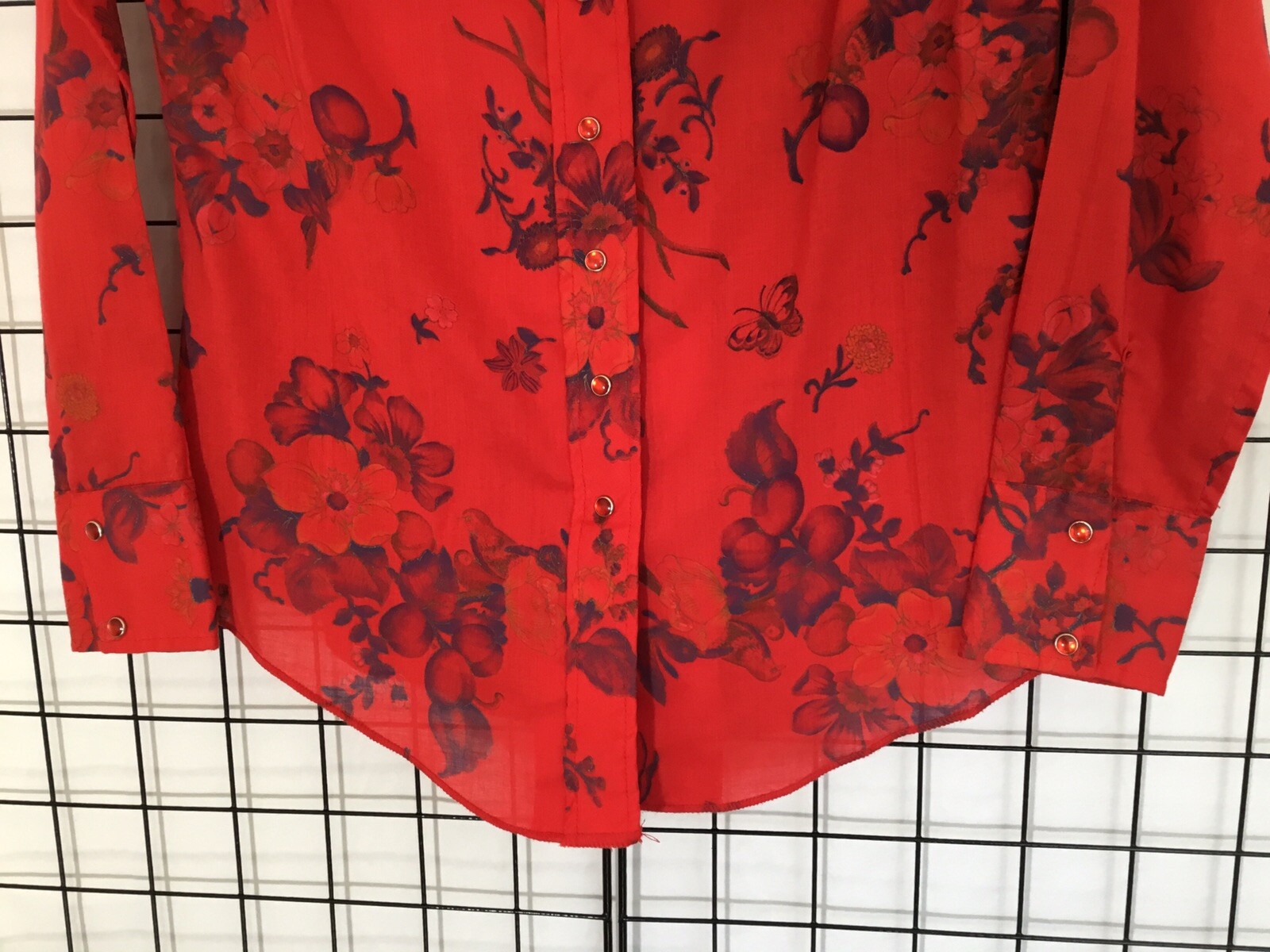 Vintage Lady DJ by Dickson-Jenkins Bright Red Floral Blouse Western Style 1970’s